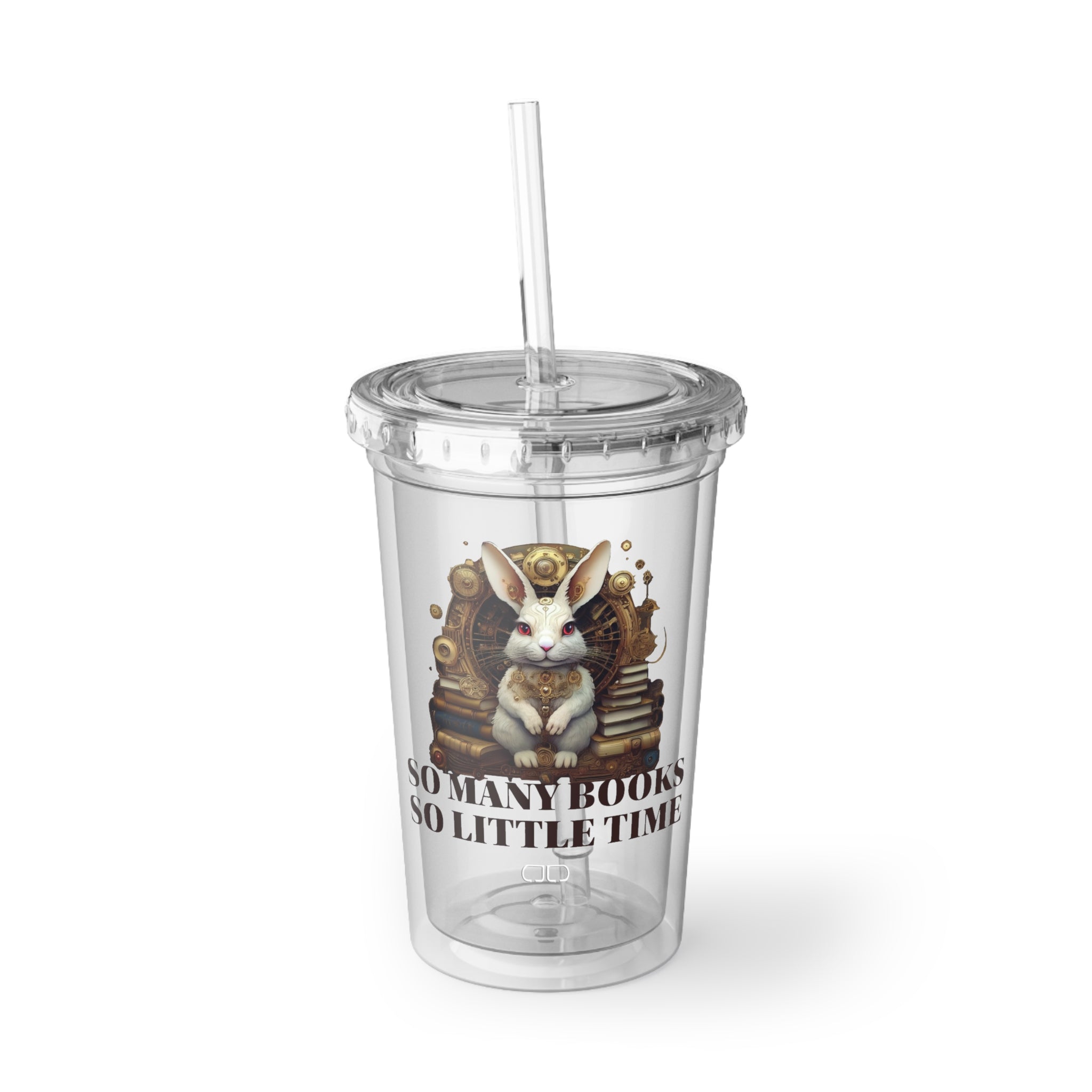 White Rabbit Book Lover Acrylic Cup, So Many Books So Little Time Travel Mug, Cute Reader's Gift, Library Drinkware, Birthday Party Favor