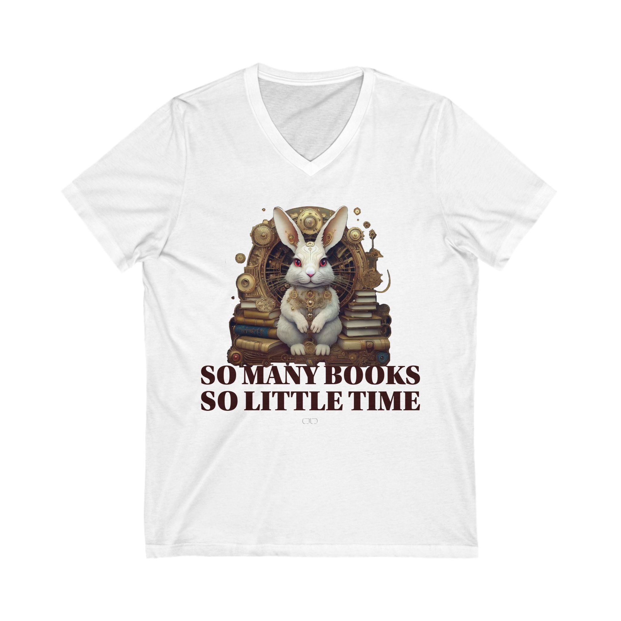 White Rabbit Steampunk Book V-Neck Tee – Perfect for Book Lovers, Readers, and Literature Fans, Cozy Casual Wear, Gift for Bookworms, Book Club Apparel