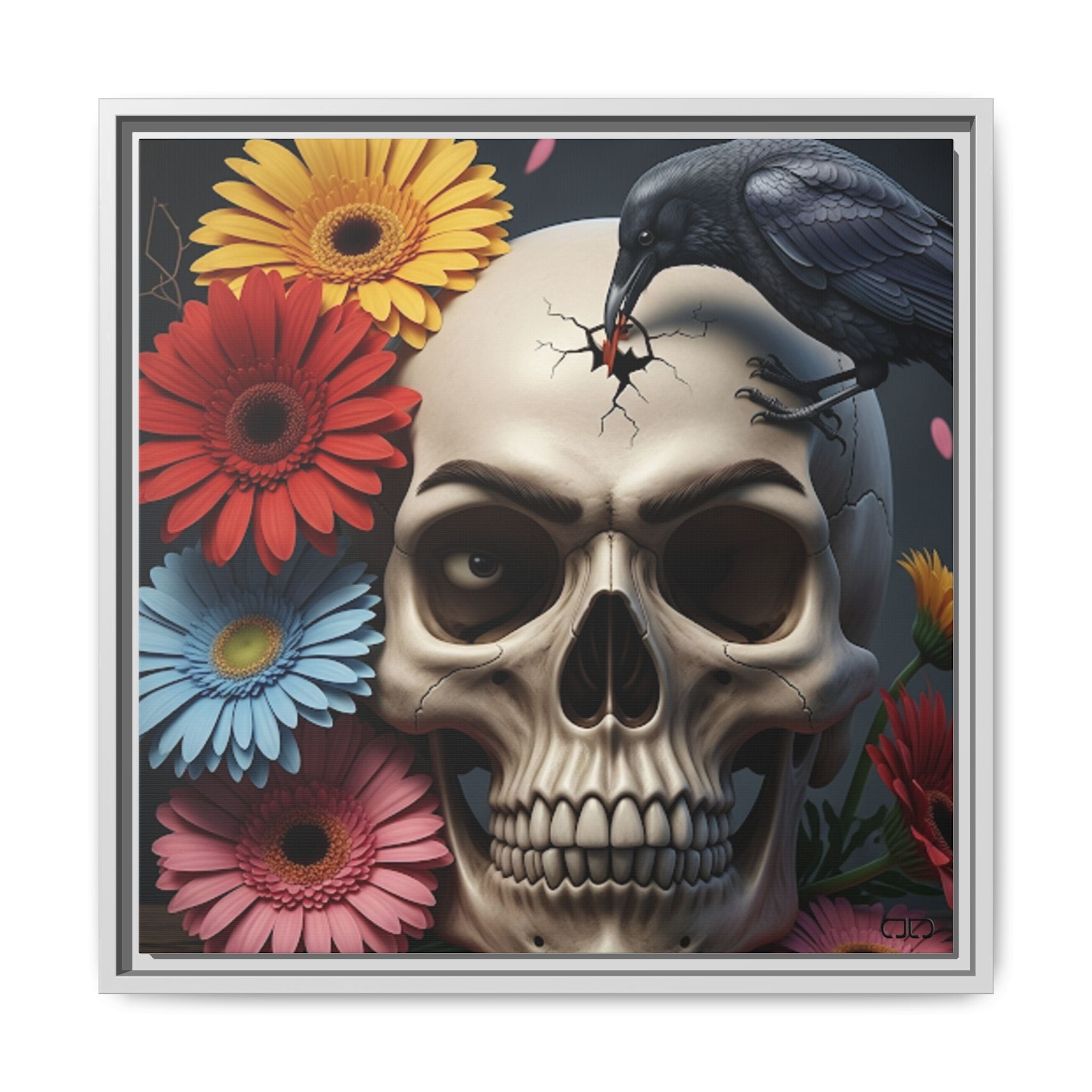Headache - Framed Skull & Flower Canvas Art Print, Gothic Home Decor, Unique Wall Art, Boho Aesthetic, Perfect for Halloween, Birthday Gifts