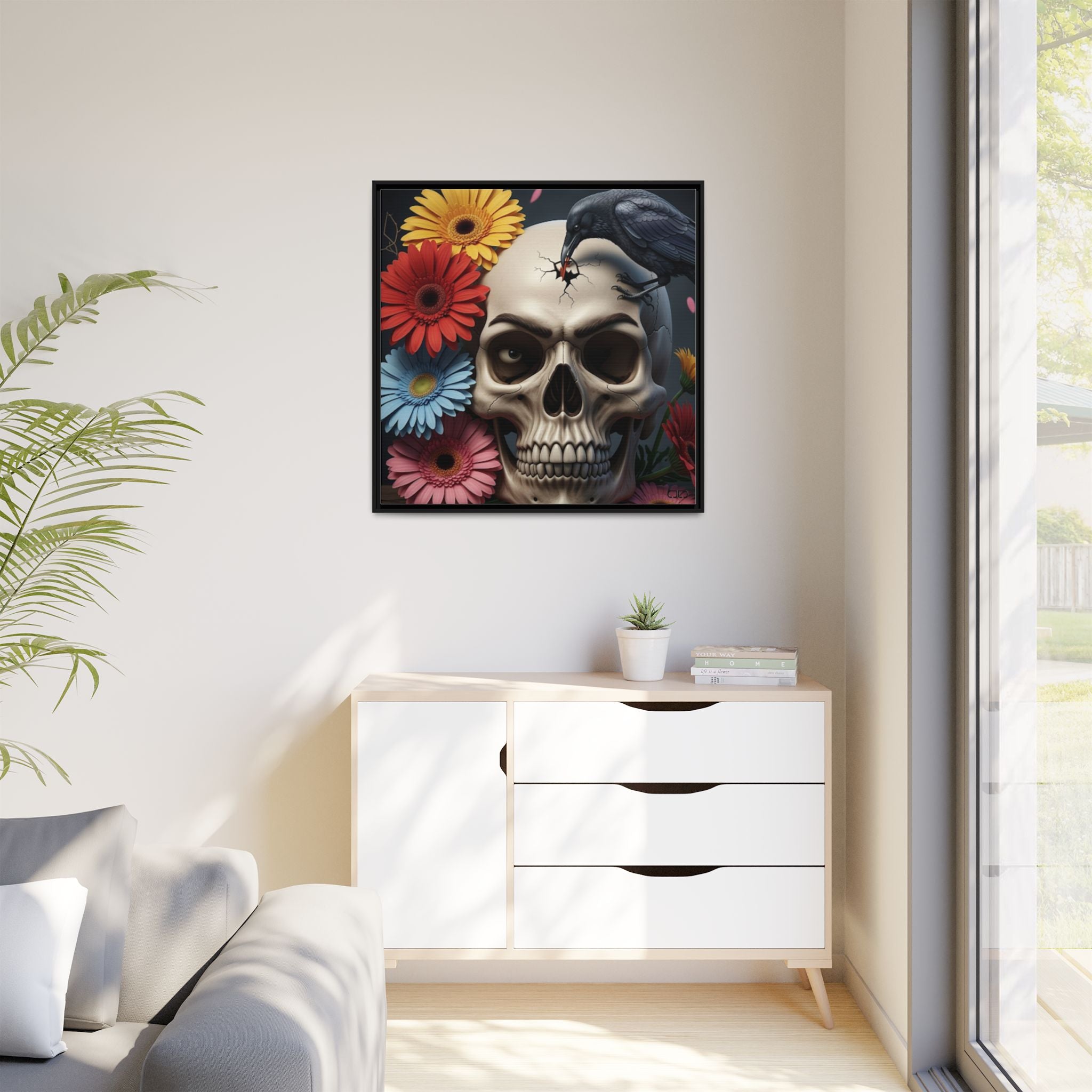 Headache - Framed Skull & Flower Canvas Art Print, Gothic Home Decor, Unique Wall Art, Boho Aesthetic, Perfect for Halloween, Birthday Gifts