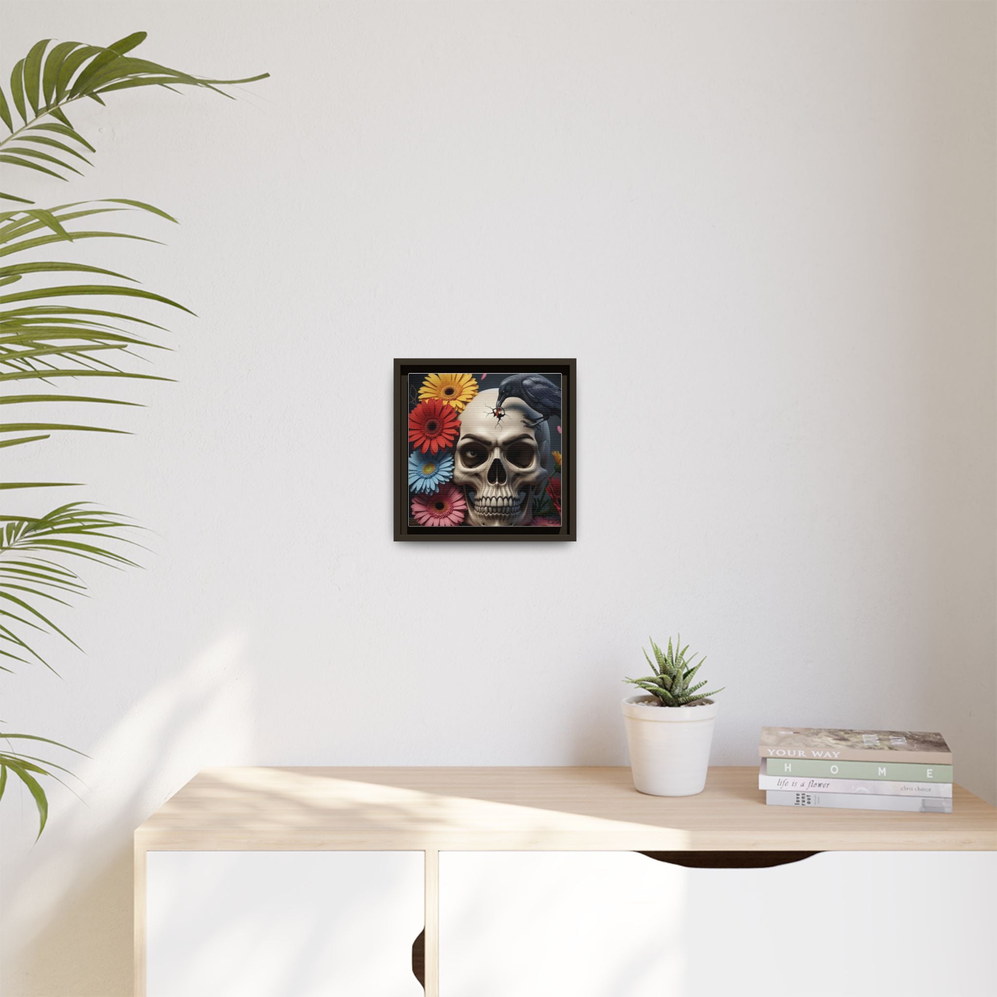 Headache - Framed Skull & Flower Canvas Art Print, Gothic Home Decor, Unique Wall Art, Boho Aesthetic, Perfect for Halloween, Birthday Gifts