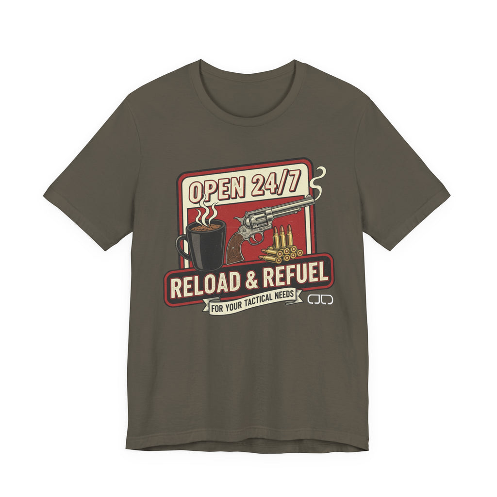 Reload & Refuel Tee — "Open 24/7" Coffee and Ammo Graphic T-Shirt