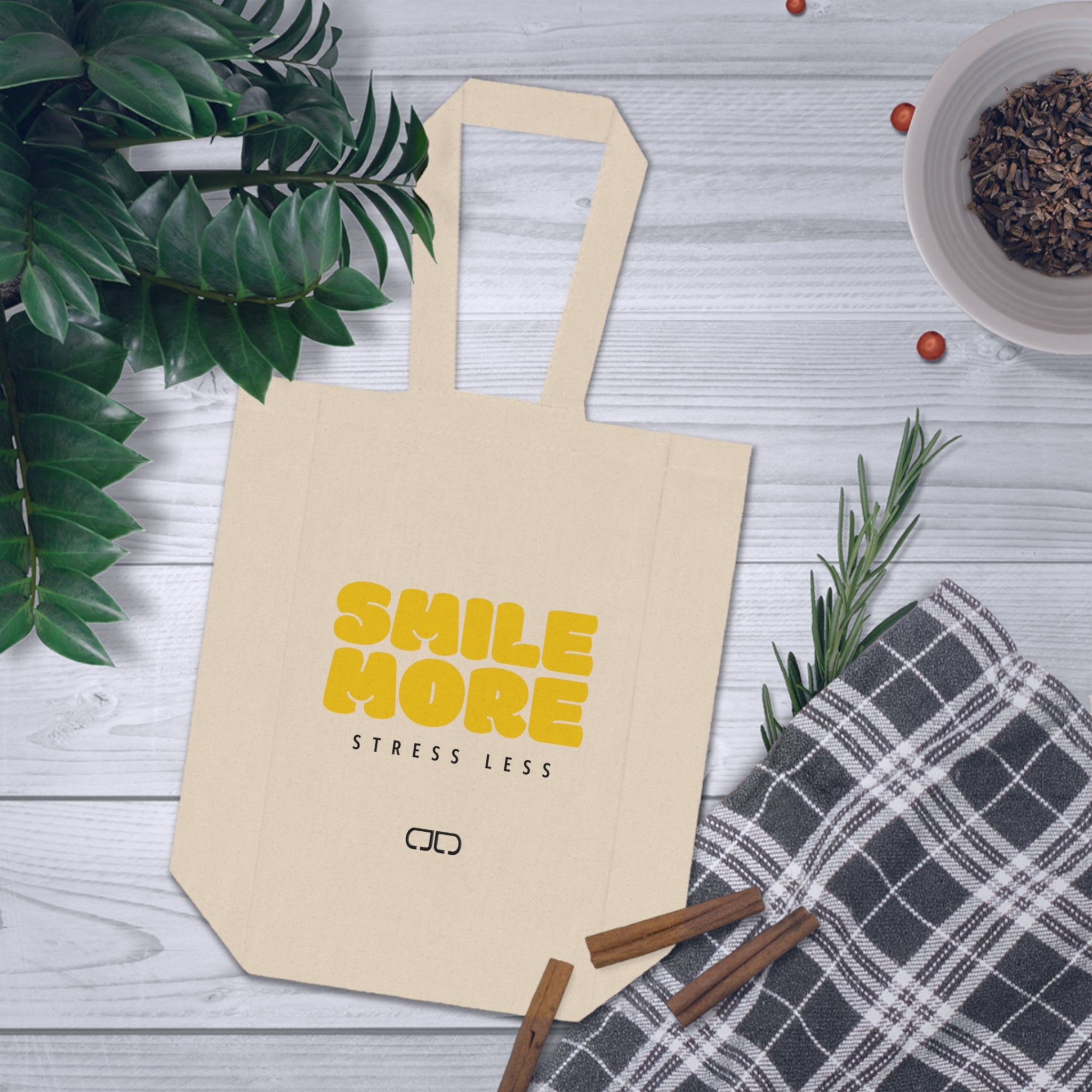 Smile More Stress Less Double Wine Tote Bag - Perfect Gift for Wine Lovers, Picnic Accessory, Party Favor, Eco-Friendly Design, Stress Less