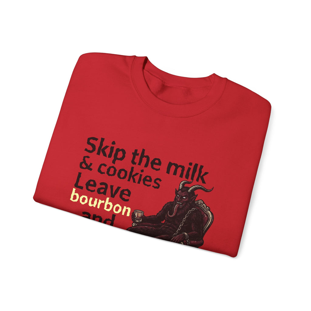 Holiday Krampus Sweatshirt — “Skip the milk and cookies, leave bourbon and run.” Cozy Christmas Crewneck