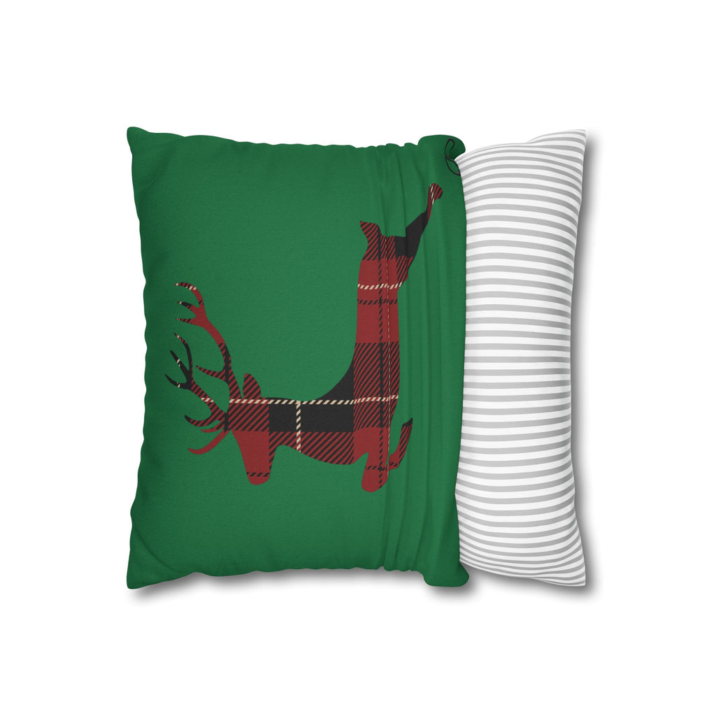 Plaid Reindeer Holiday Pillowcase — Green Christmas Throw Pillow Cover