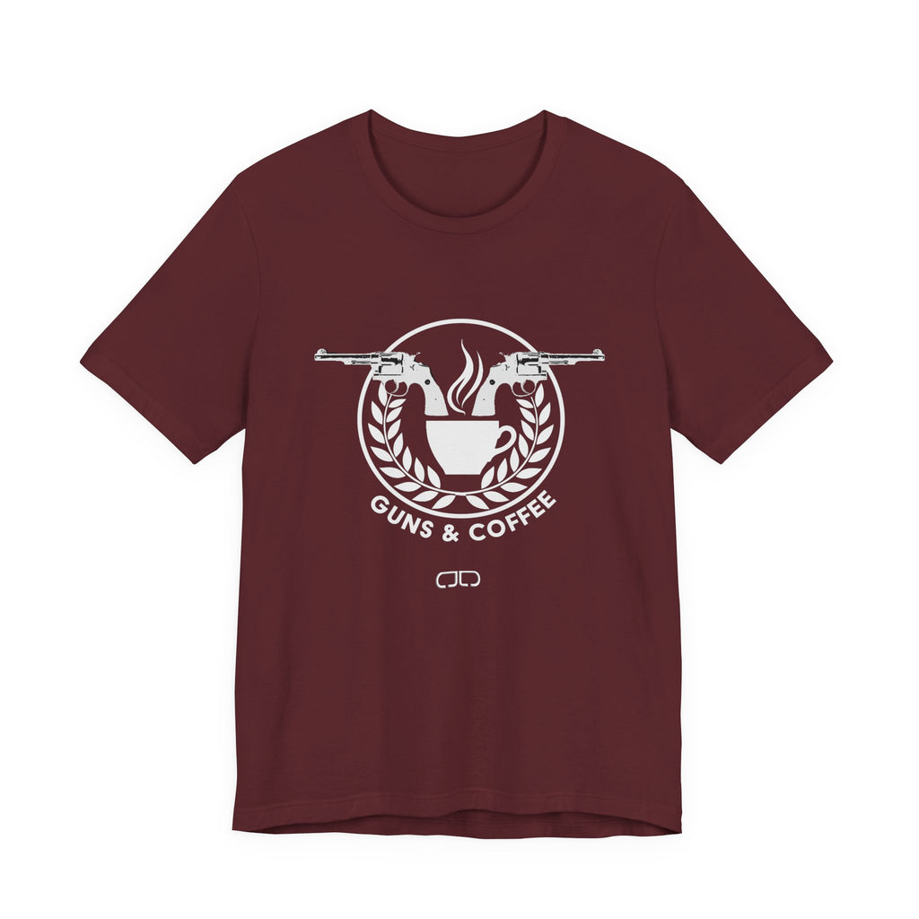 Guns & Coffee Graphic Tee — Rustic Coffee Lover & Firearm Enthusiast Shirt