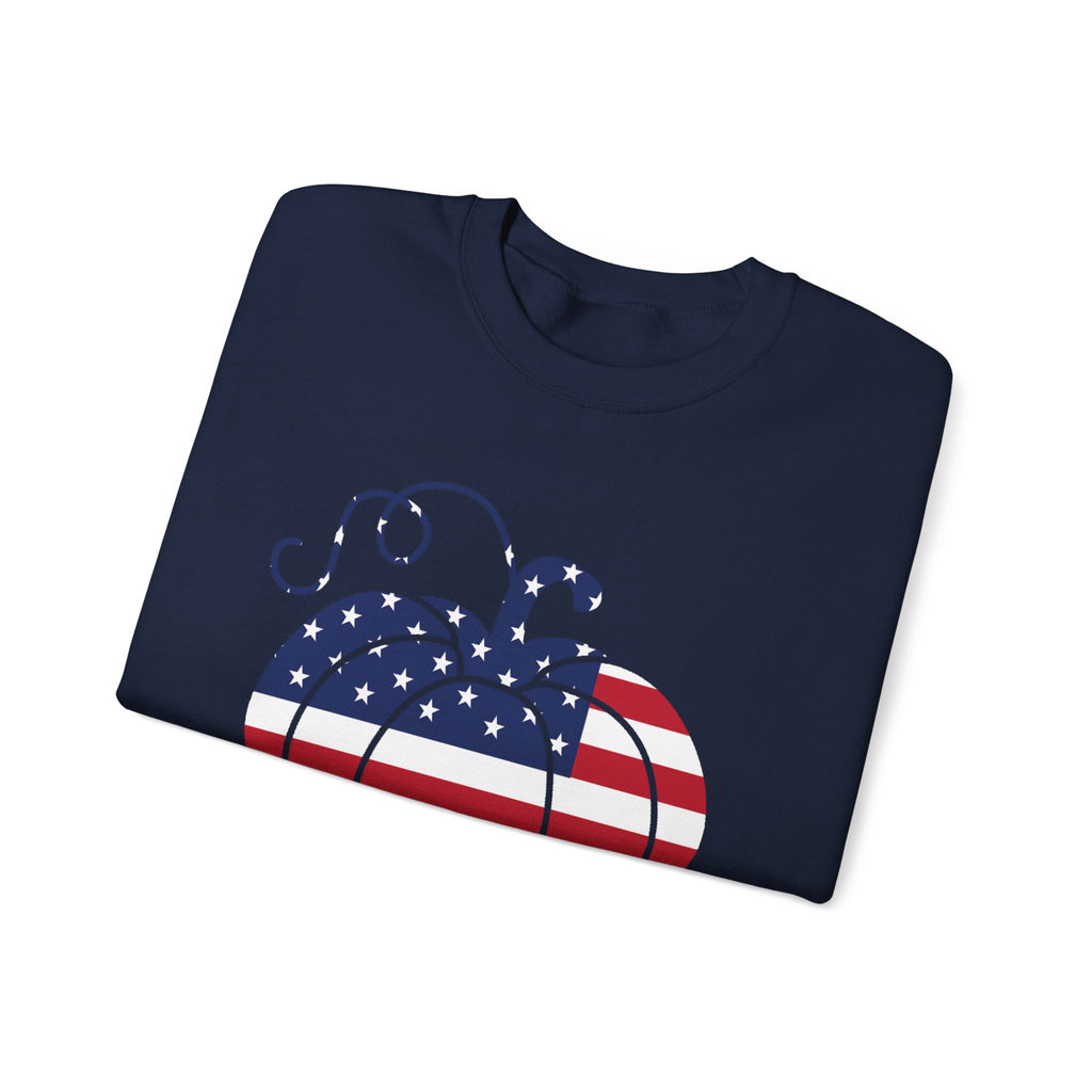 Patriotic Pumpkin Sweatshirt - Cozy Fall Apparel, Unisex Crewneck, Thanksgiving Gift, Harvest Celebration, American Pride