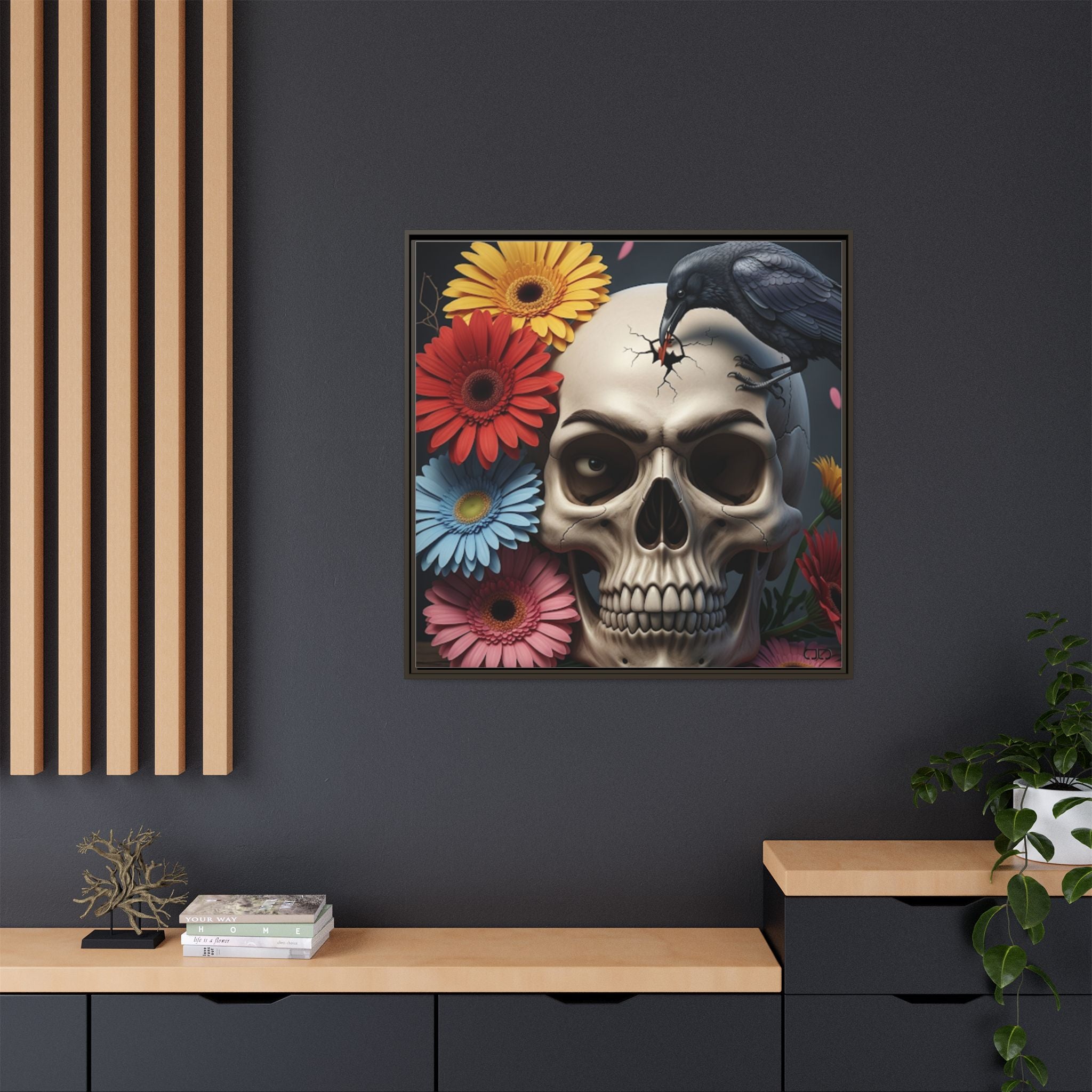 Headache - Framed Skull & Flower Canvas Art Print, Gothic Home Decor, Unique Wall Art, Boho Aesthetic, Perfect for Halloween, Birthday Gifts