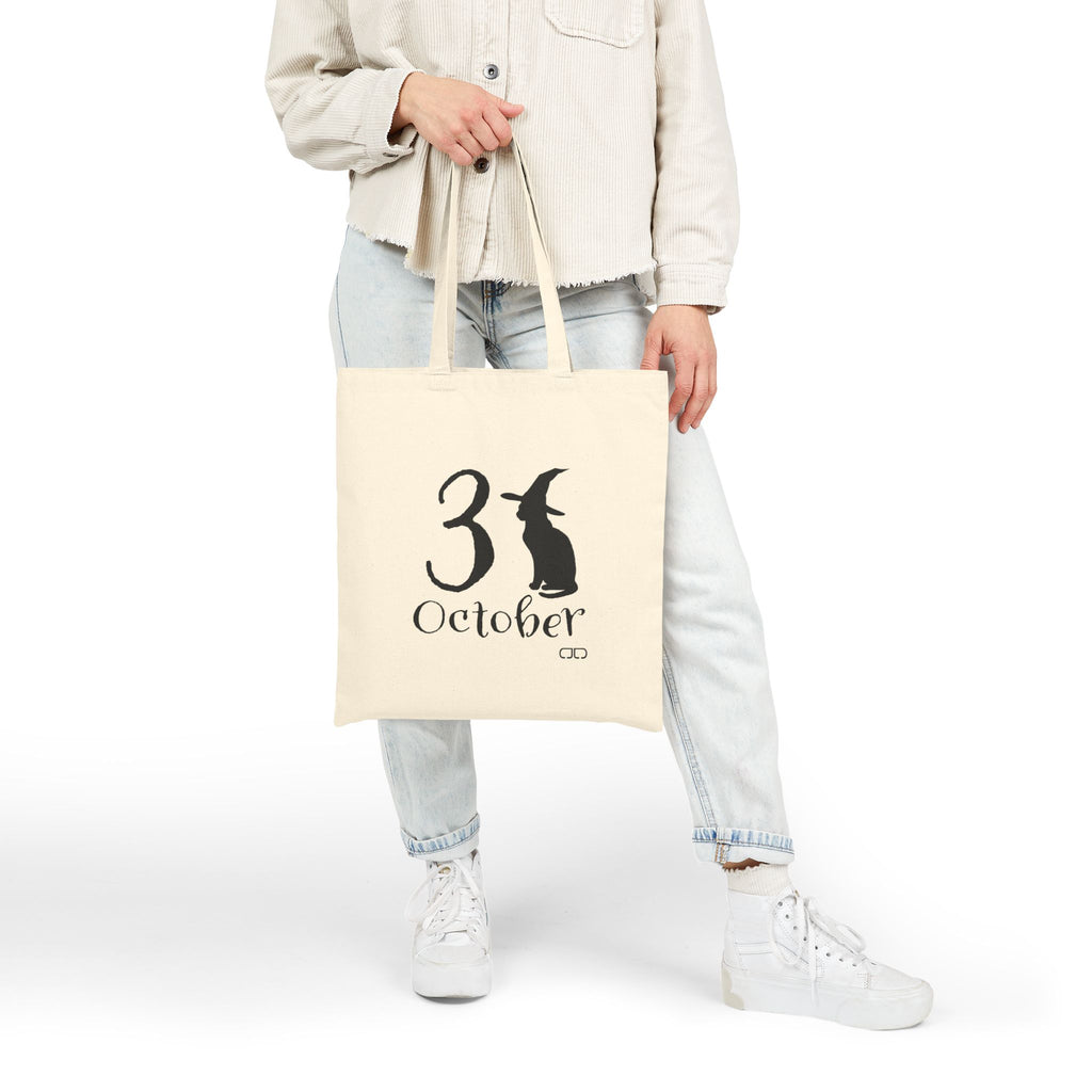 October 31st Cotton Canvas Tote Bag, Reusable Shopping Tote, Eco-Friendly Gift, Witch Tote, Fall Decor Bag, Black Cat Lover