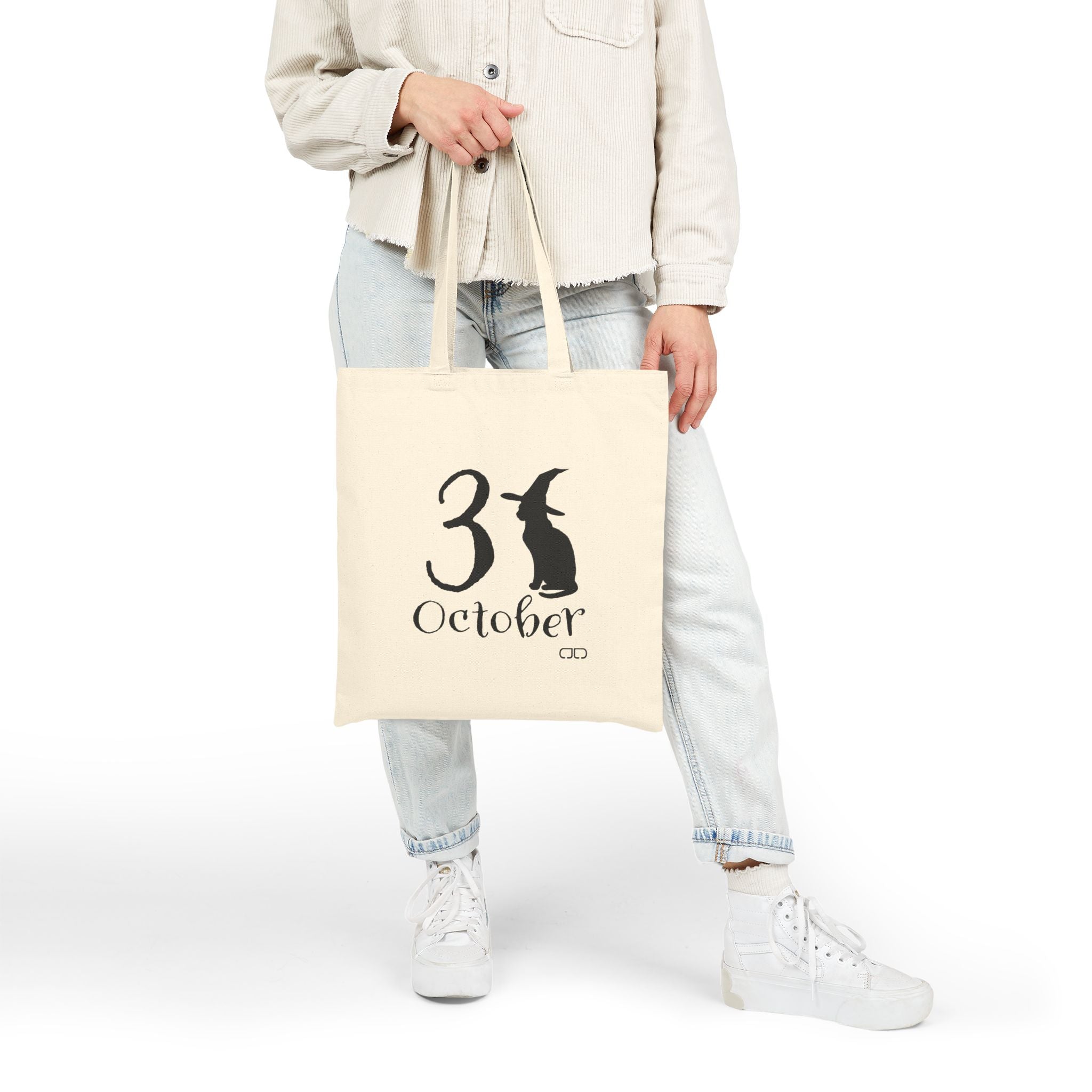October 31st Cotton Canvas Tote Bag, Reusable Shopping Tote, Eco-Friendly Gift, Witch Tote, Fall Decor Bag, Black Cat Lover