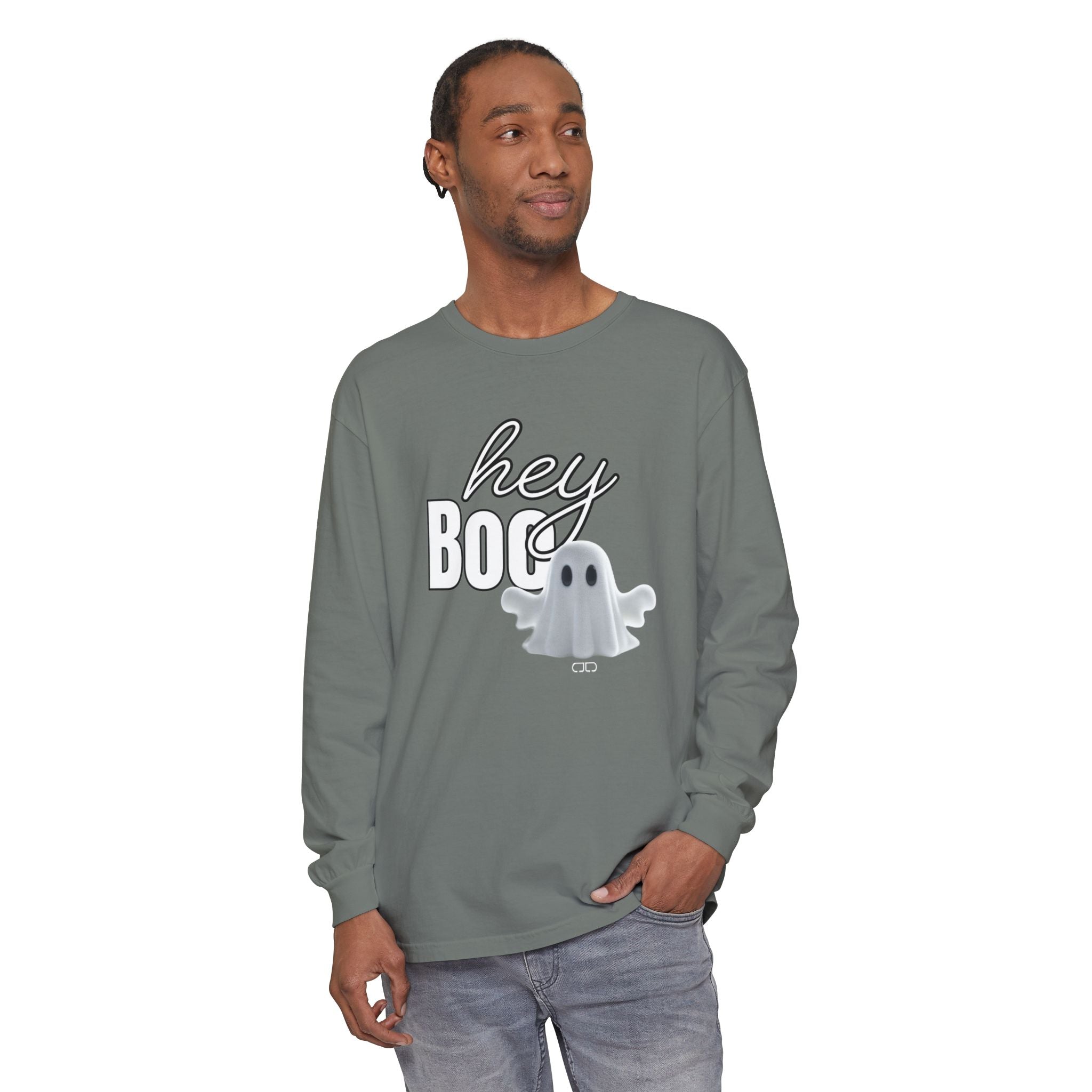 Hey Boo Halloween Ghost Long Sleeve T-Shirt - Perfect for Fall, Spooky Season, Cute Ghost Tee, Unisex Halloween Apparel, 'Hey Boo' Shirt