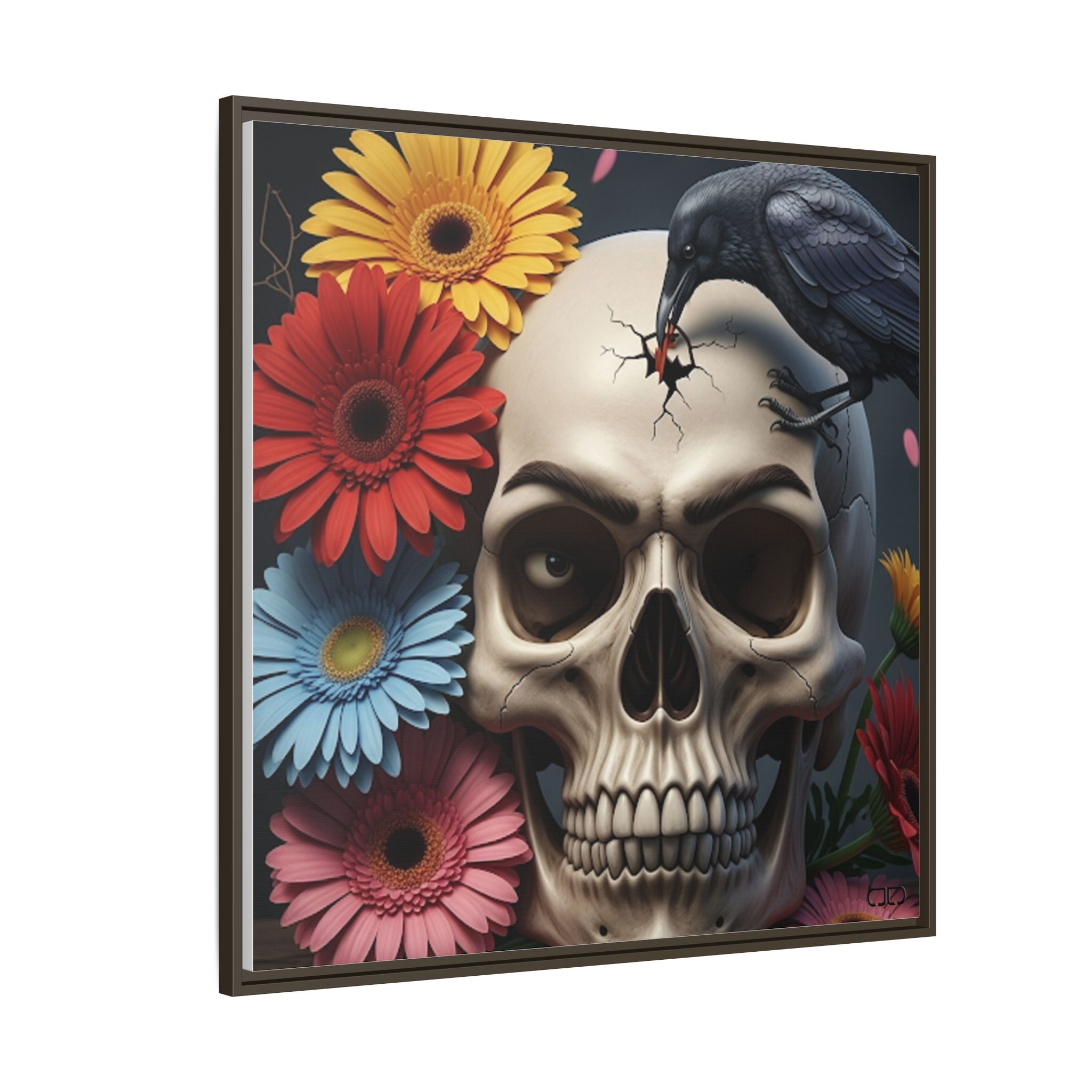 Headache - Framed Skull & Flower Canvas Art Print, Gothic Home Decor, Unique Wall Art, Boho Aesthetic, Perfect for Halloween, Birthday Gifts