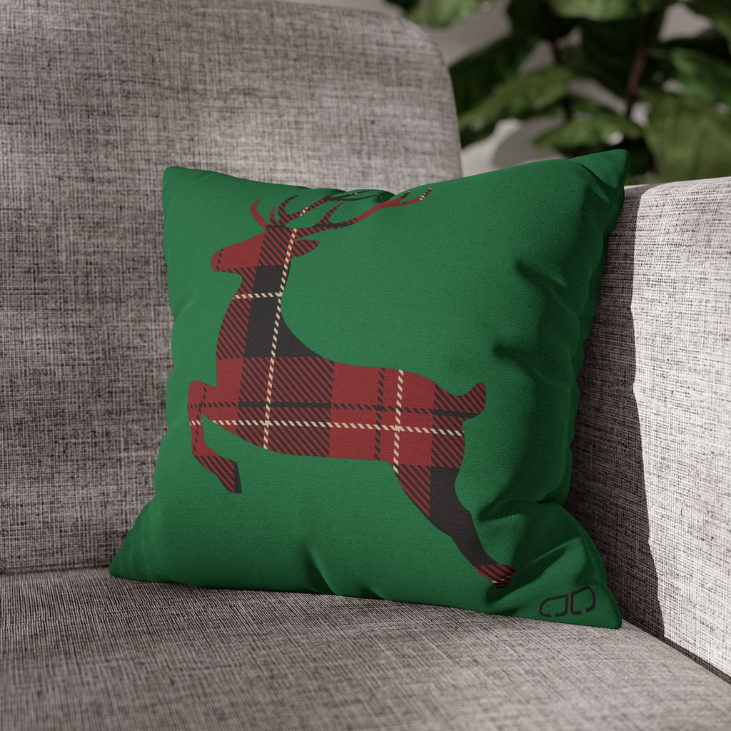 Plaid Reindeer Holiday Pillowcase — Green Christmas Throw Pillow Cover