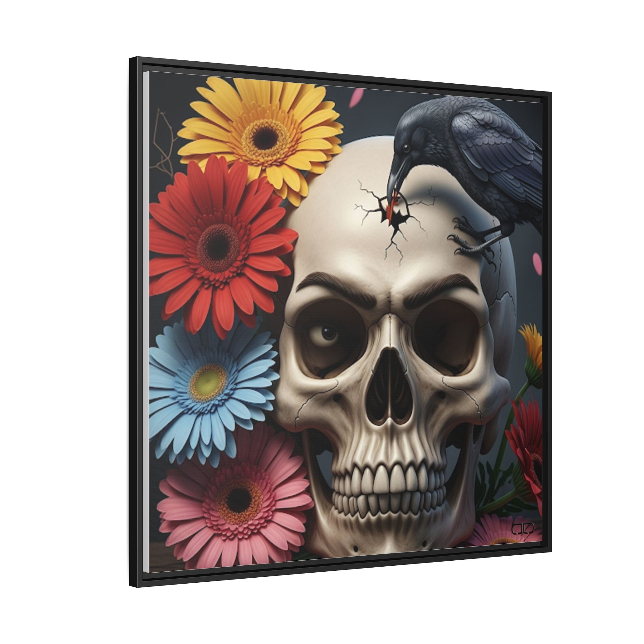Headache - Framed Skull & Flower Canvas Art Print, Gothic Home Decor, Unique Wall Art, Boho Aesthetic, Perfect for Halloween, Birthday Gifts