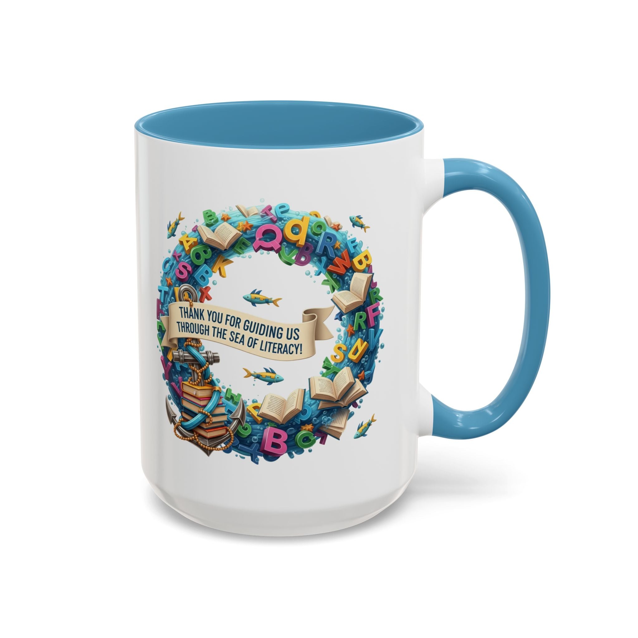 Sea of Literacy Colorful Book Lover's Accent Coffee Mug | Perfect for Home, Office, or Gift | Reading, Study, Library Decor, Teacher Appreciation