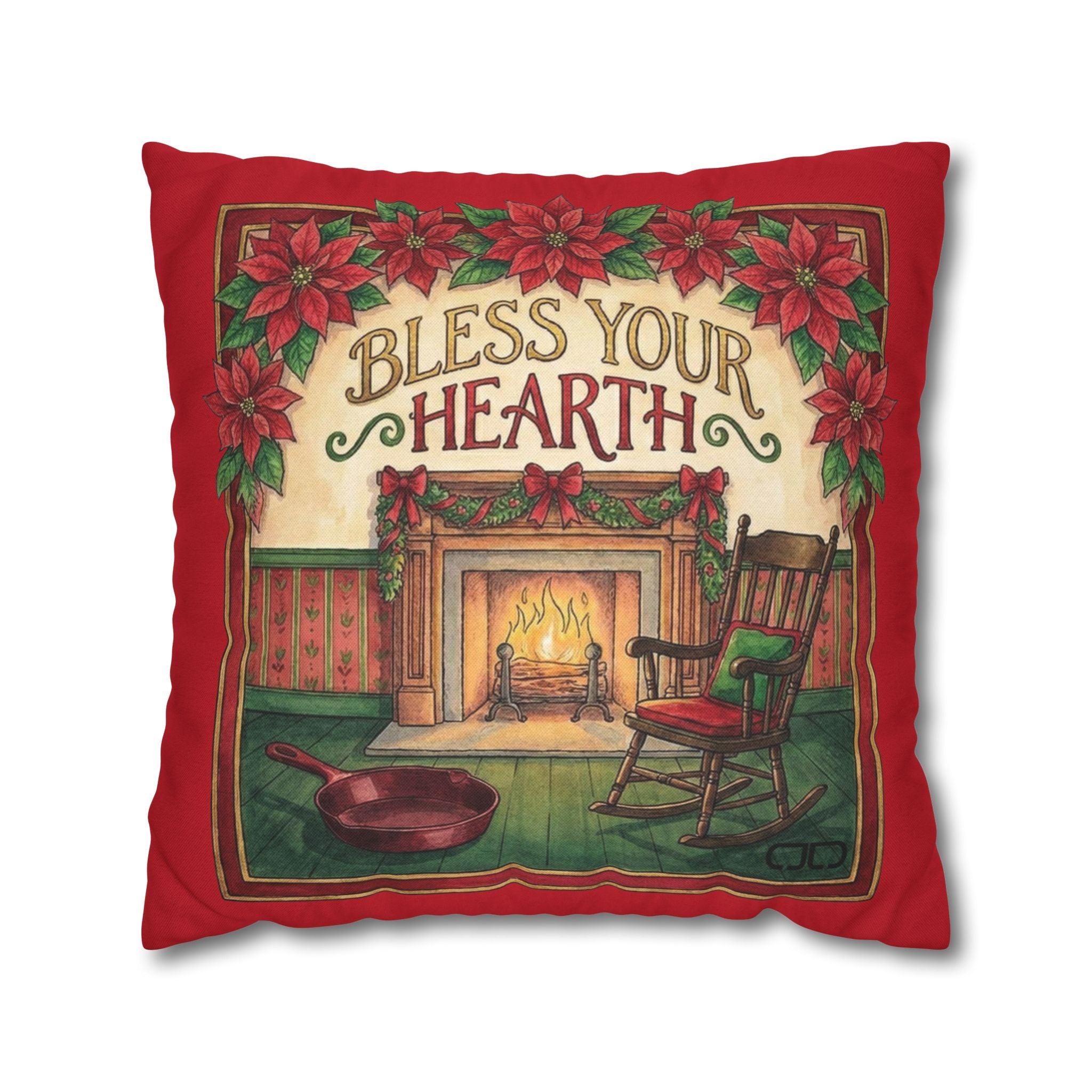 Bless Your Hearth Christmas Pillowcase — Holiday Fireplace Throw Pillow Cover