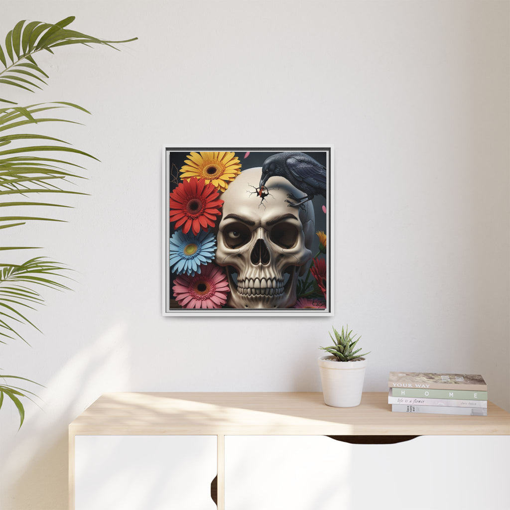 Headache - Framed Skull & Flower Canvas Art Print, Gothic Home Decor, Unique Wall Art, Boho Aesthetic, Perfect for Halloween, Birthday Gifts