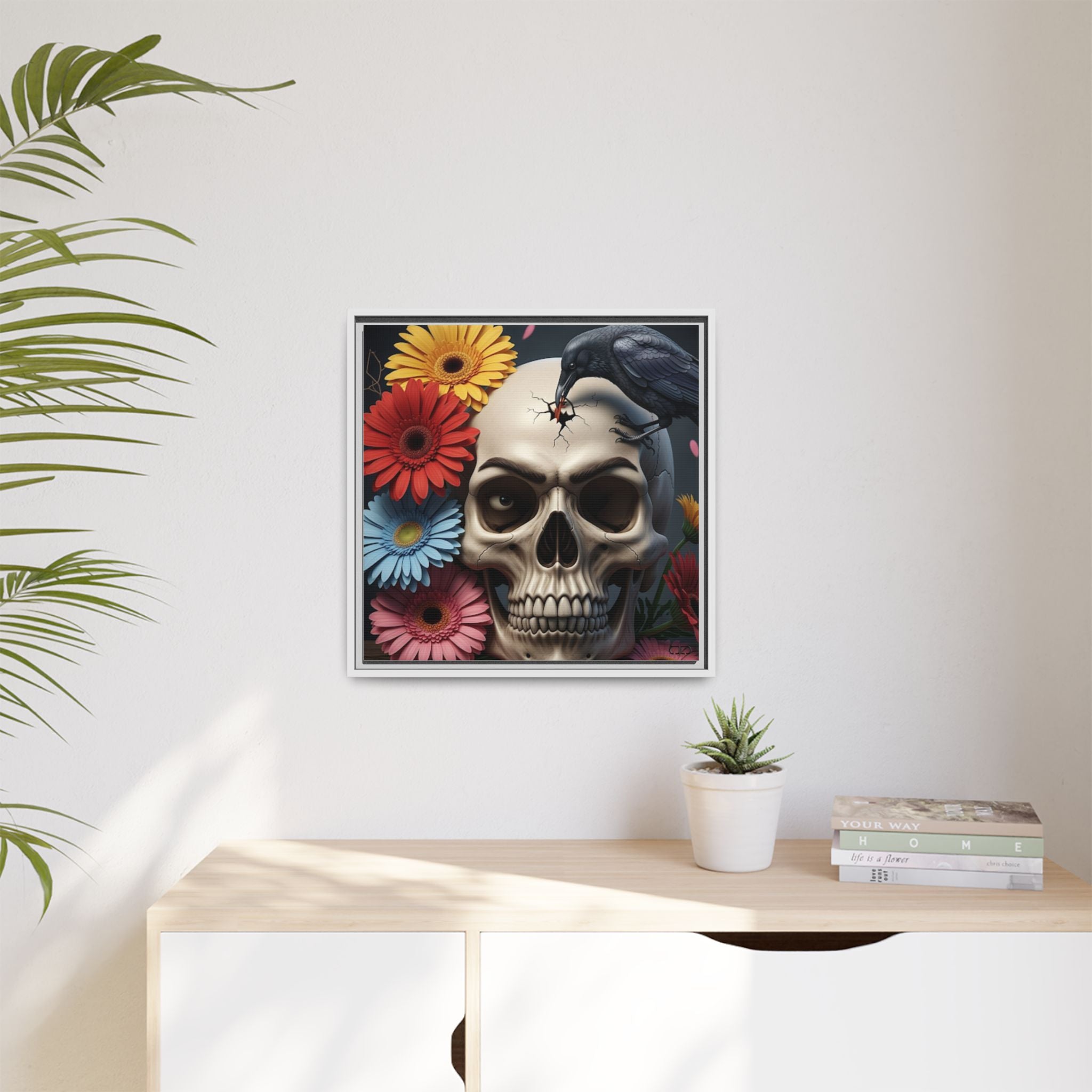 Headache - Framed Skull & Flower Canvas Art Print, Gothic Home Decor, Unique Wall Art, Boho Aesthetic, Perfect for Halloween, Birthday Gifts