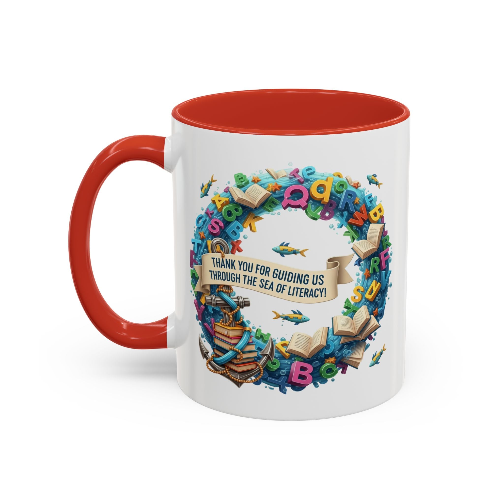 Sea of Literacy Colorful Book Lover's Accent Coffee Mug | Perfect for Home, Office, or Gift | Reading, Study, Library Decor, Teacher Appreciation