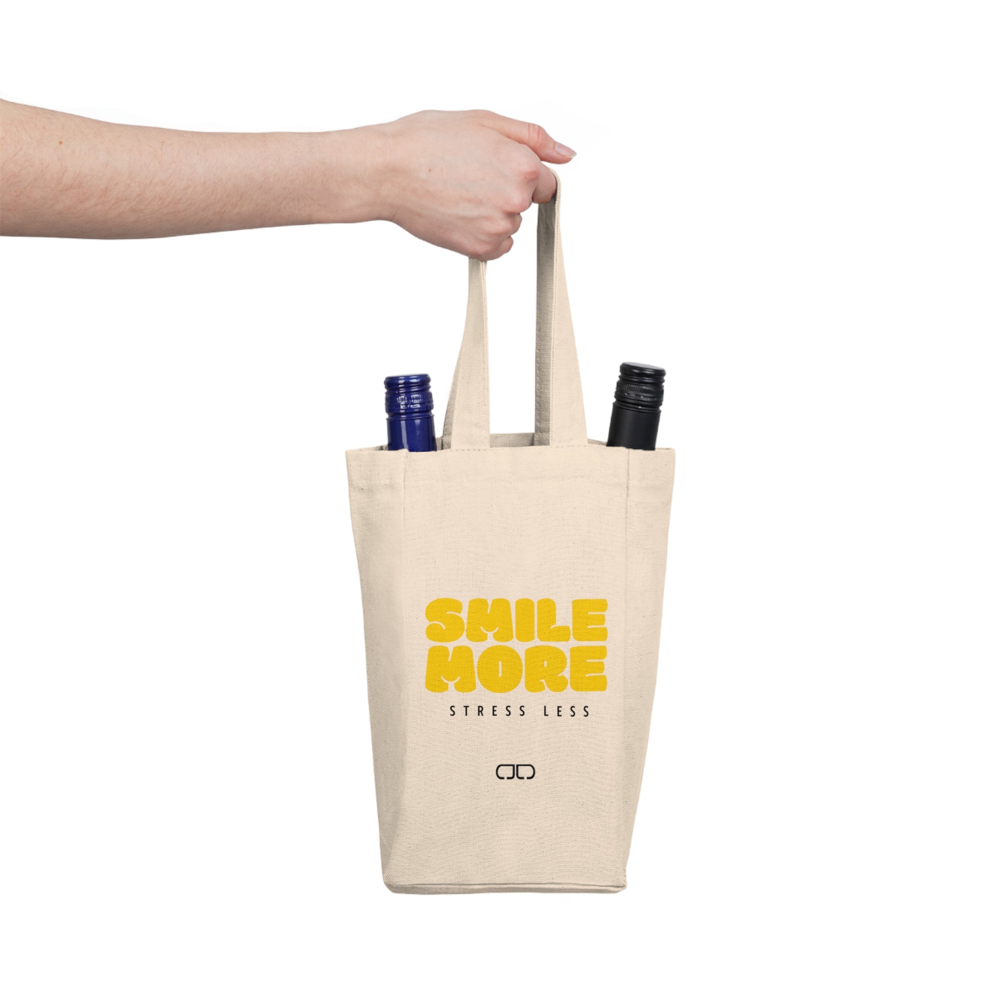 Smile More Stress Less Double Wine Tote Bag - Perfect Gift for Wine Lovers, Picnic Accessory, Party Favor, Eco-Friendly Design, Stress Less