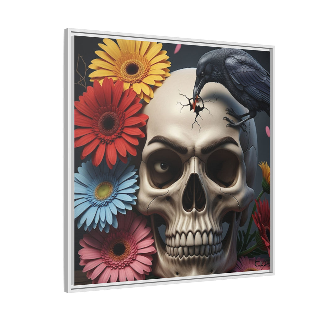 Headache - Framed Skull & Flower Canvas Art Print, Gothic Home Decor, Unique Wall Art, Boho Aesthetic, Perfect for Halloween, Birthday Gifts