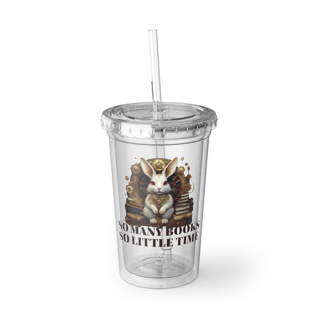 White Rabbit Book Lover Acrylic Cup, So Many Books So Little Time Travel Mug, Cute Reader's Gift, Library Drinkware, Birthday Party Favor