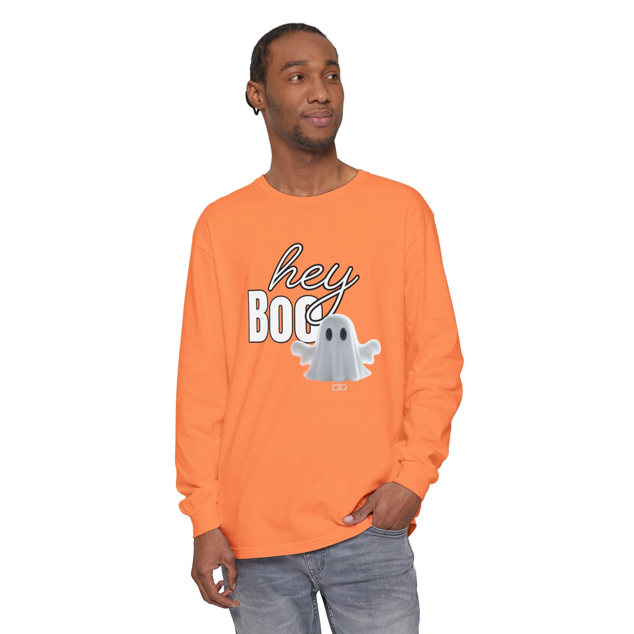 Hey Boo Halloween Ghost Long Sleeve T-Shirt - Perfect for Fall, Spooky Season, Cute Ghost Tee, Unisex Halloween Apparel, 'Hey Boo' Shirt