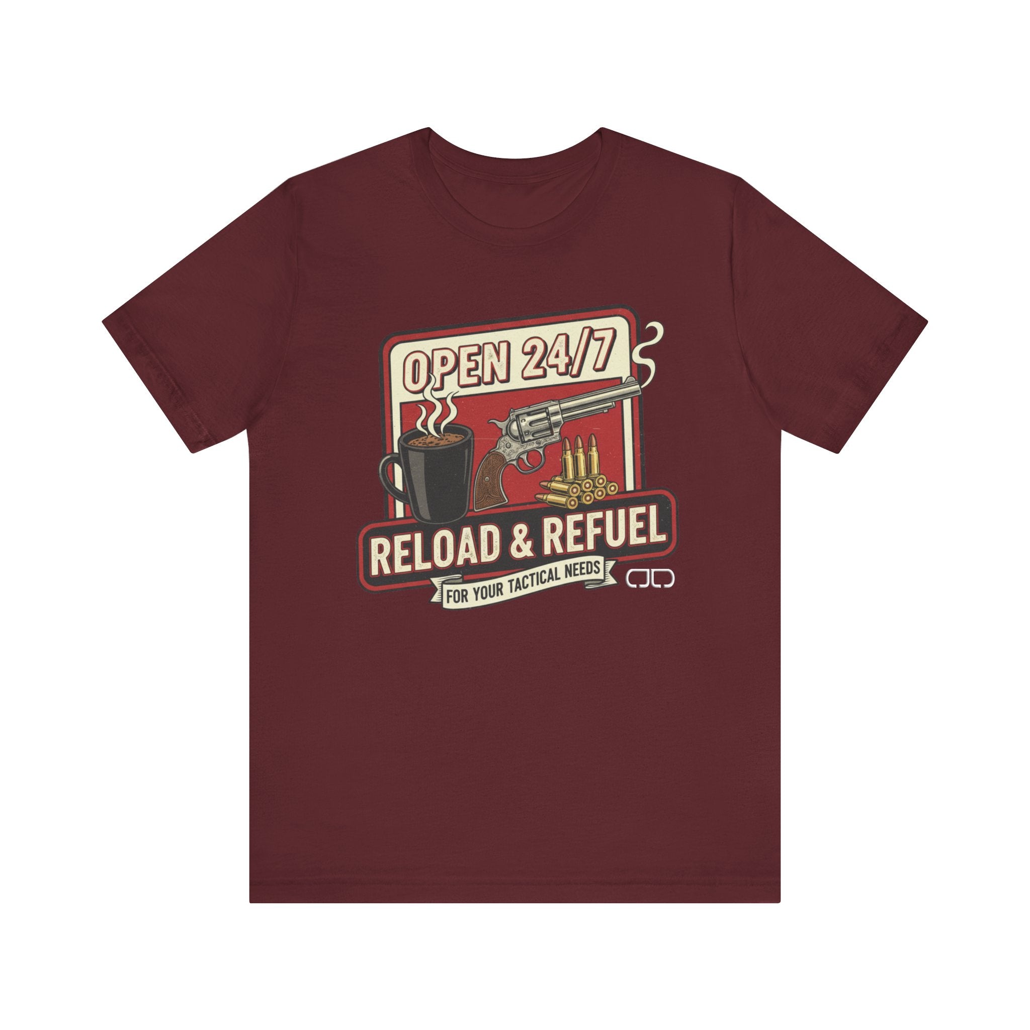 Reload & Refuel Tee — "Open 24/7" Coffee and Ammo Graphic T-Shirt