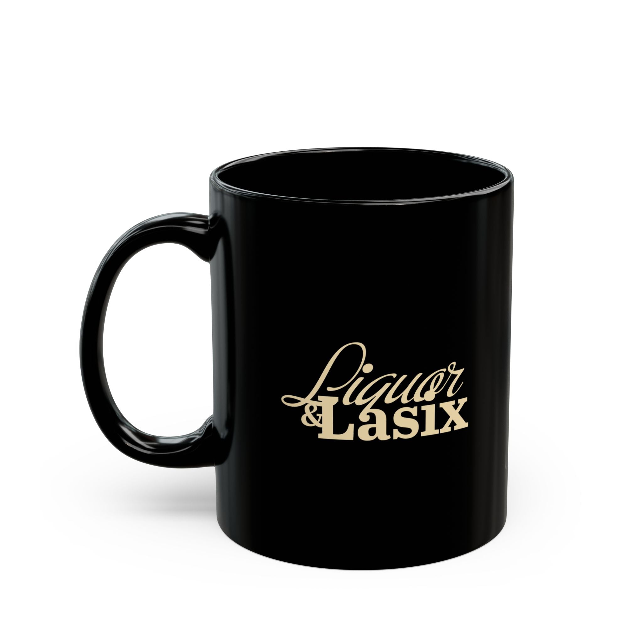 Black Mug with "Liquor & Lasix" Design | Funny Gift for Horse Lovers, Coffee Lover Supplies, Home Barware, Humor Mug, Unique Drinkware