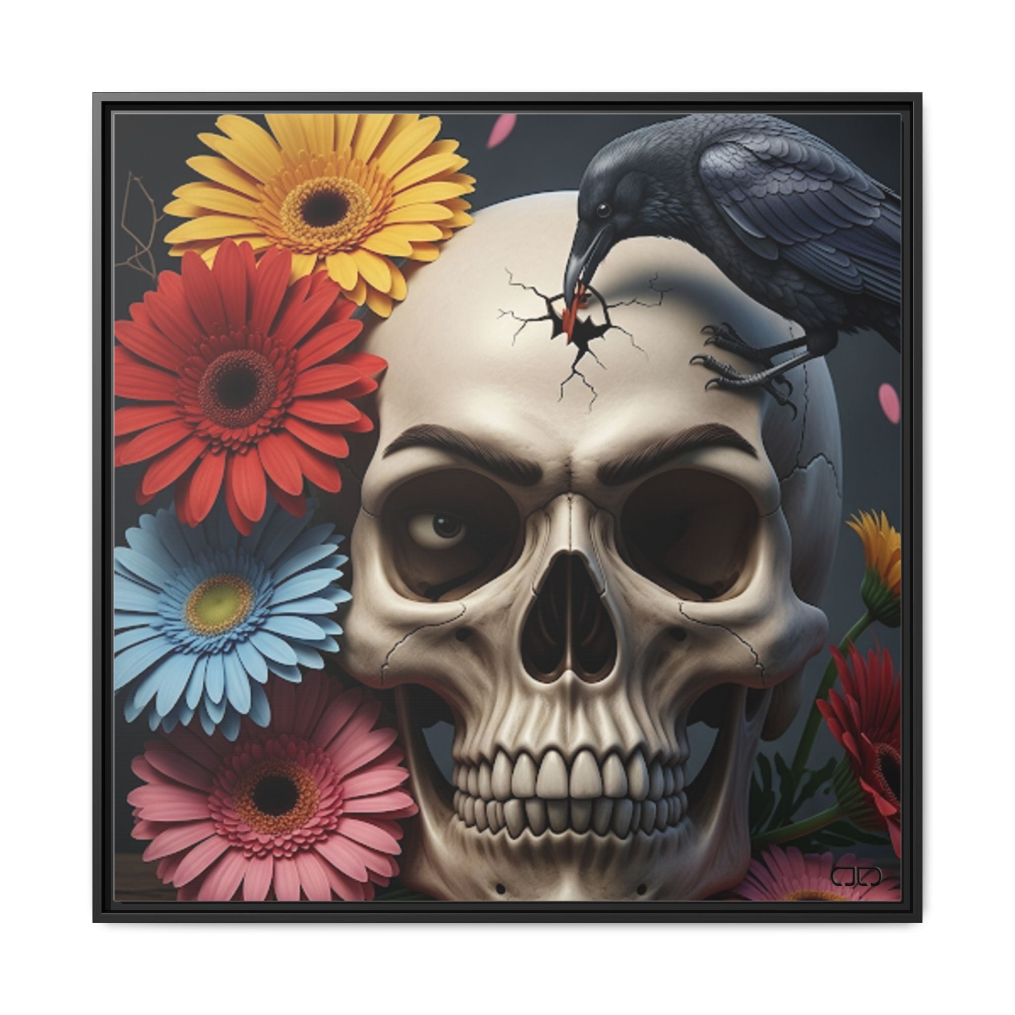 Headache - Framed Skull & Flower Canvas Art Print, Gothic Home Decor, Unique Wall Art, Boho Aesthetic, Perfect for Halloween, Birthday Gifts