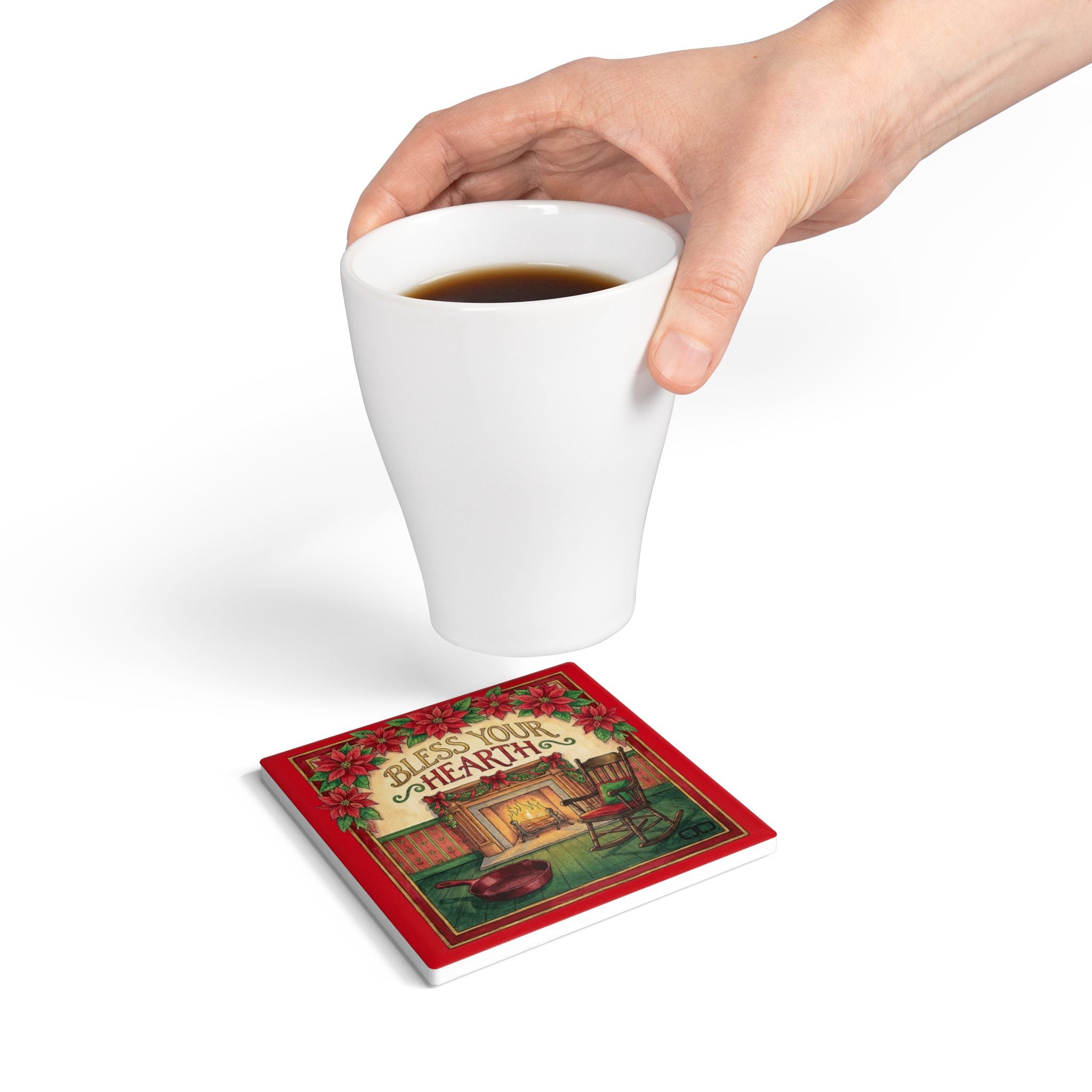 Bless Your Hearth Ceramic Coaster — Christmas Poinsettia Fireplace Holiday Drink Mat