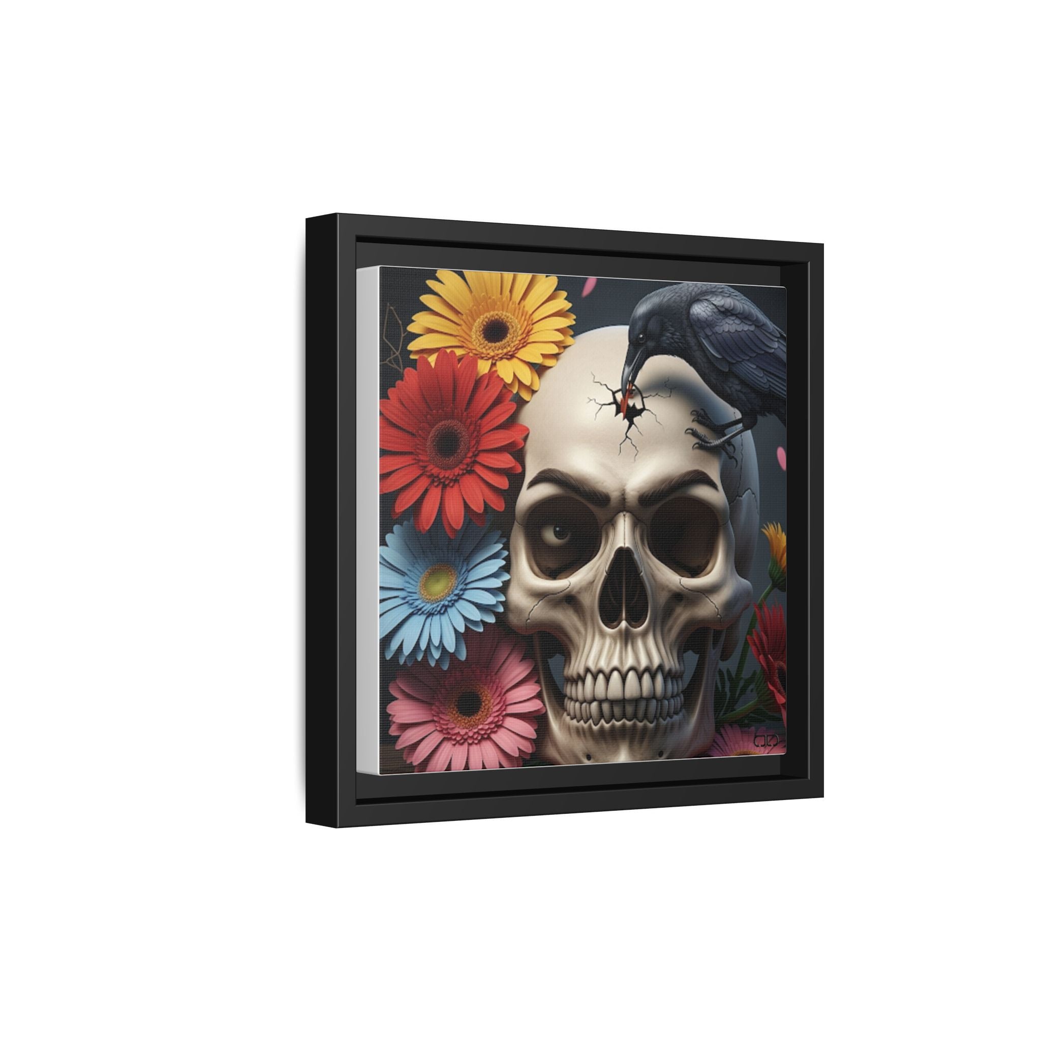 Headache - Framed Skull & Flower Canvas Art Print, Gothic Home Decor, Unique Wall Art, Boho Aesthetic, Perfect for Halloween, Birthday Gifts