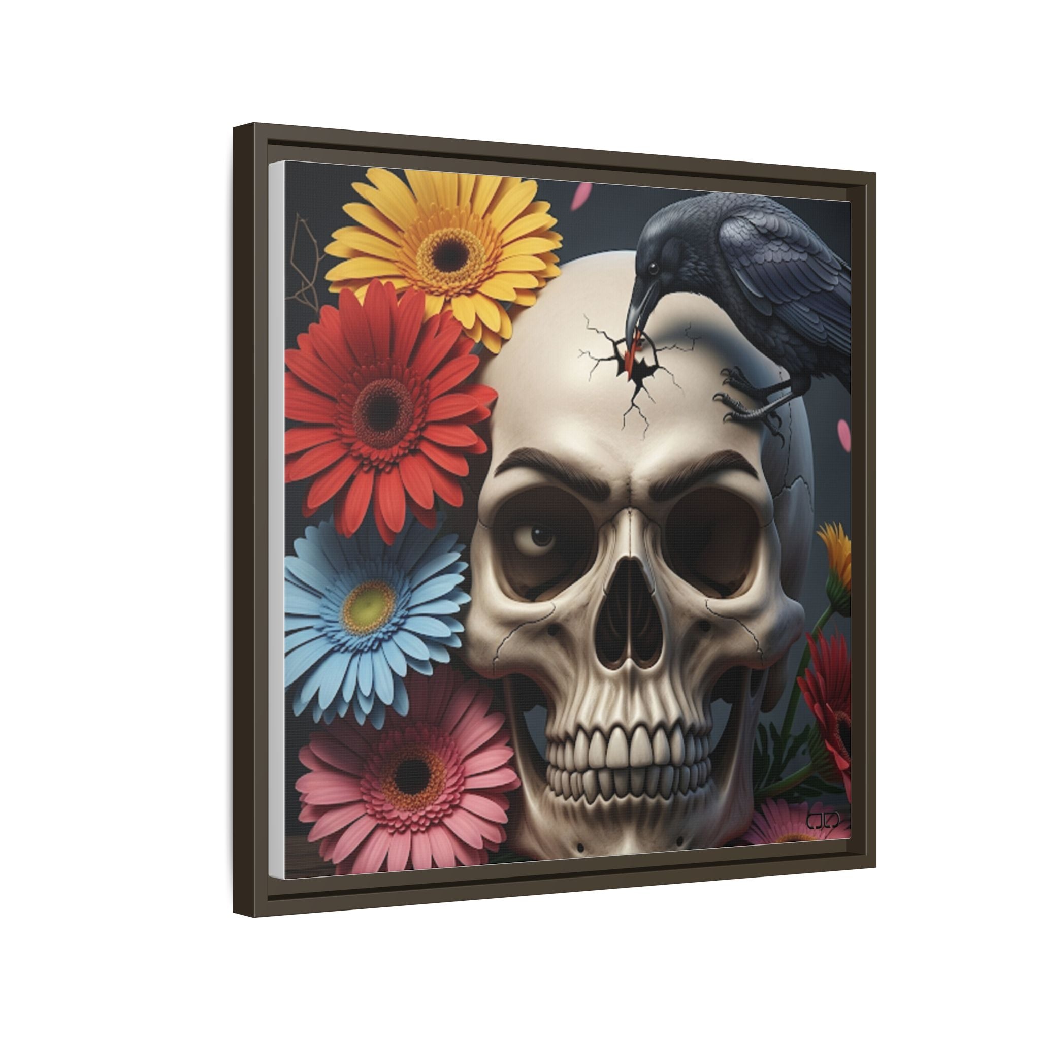 Headache - Framed Skull & Flower Canvas Art Print, Gothic Home Decor, Unique Wall Art, Boho Aesthetic, Perfect for Halloween, Birthday Gifts