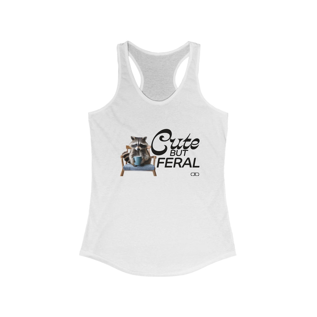 Cute But Feral Racoon Sipping Tea Women's Racerback Tank | Summer Workout Top, Gift for Animal Lovers, Casual Wear, Everyday Comfort