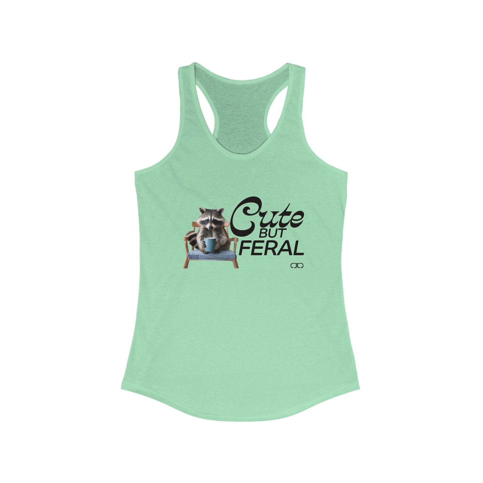 Cute But Feral Racoon Sipping Tea Women's Racerback Tank | Summer Workout Top, Gift for Animal Lovers, Casual Wear, Everyday Comfort