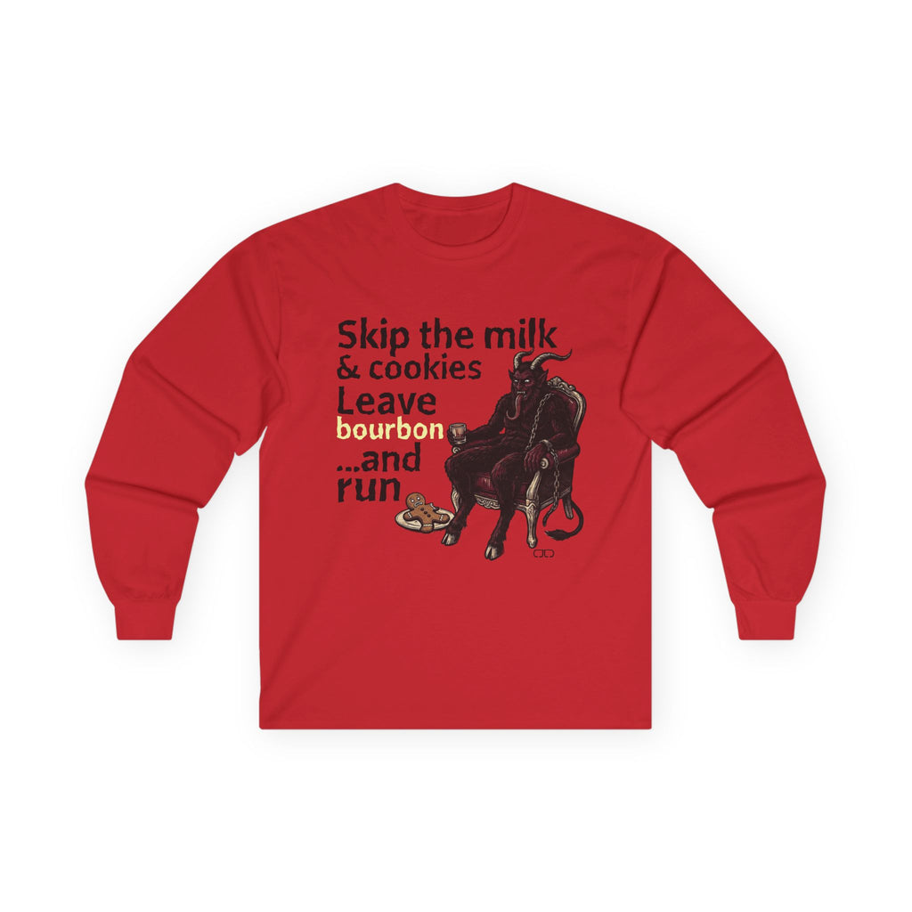 Holiday Krampus Long Sleeve Tee — 'Skip the milk and cookies. Leave bourbon and run.' Santa with Bourbon Holiday Shirt