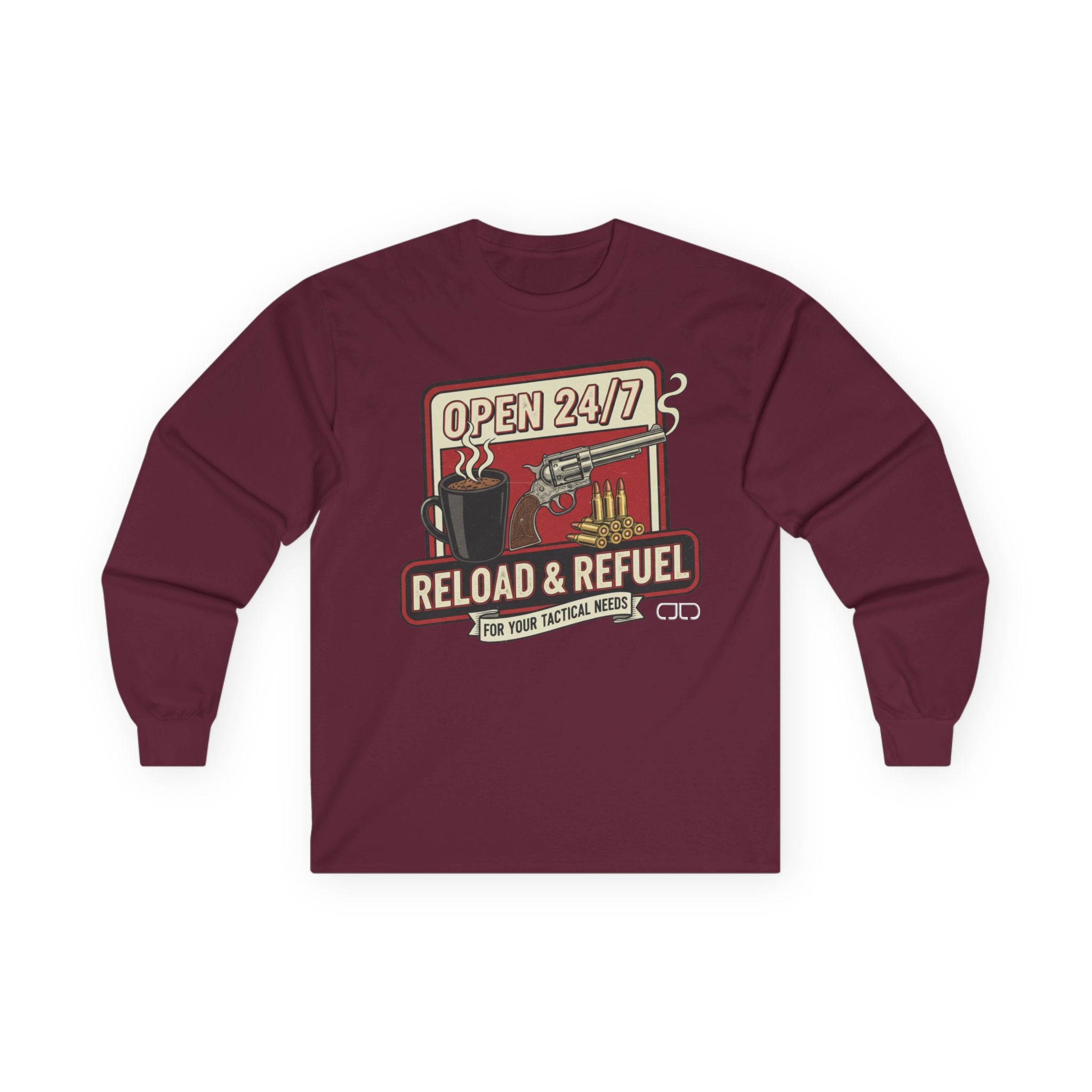 Reload & Refuel Long Sleeve Tee — "Open 24/7" Coffee & Ammo Graphic