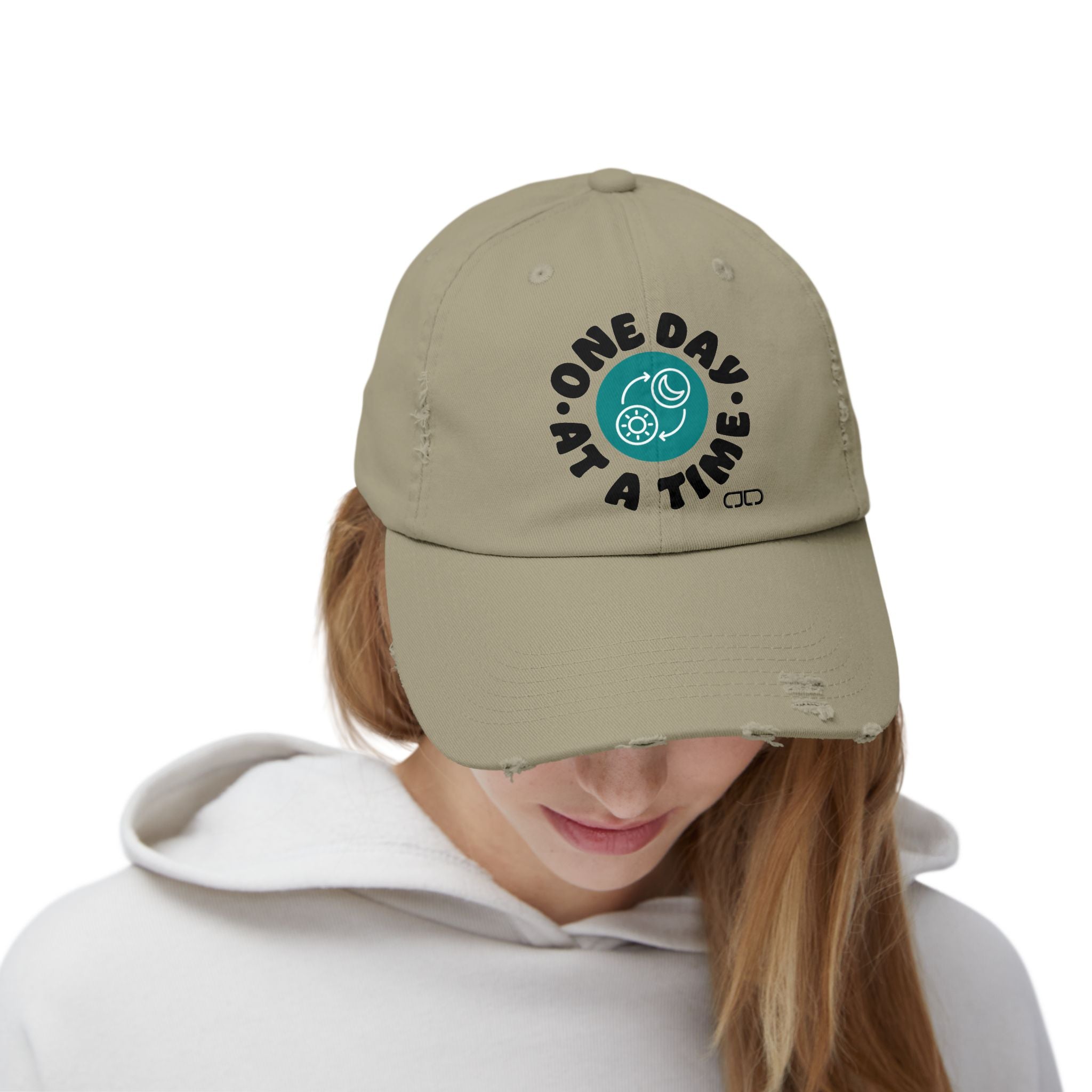 One Day at a Time Distressed Cap | Casual Style, Relaxed Fit, Gift for Him/Her, Summer Accessory, Motivational Wear