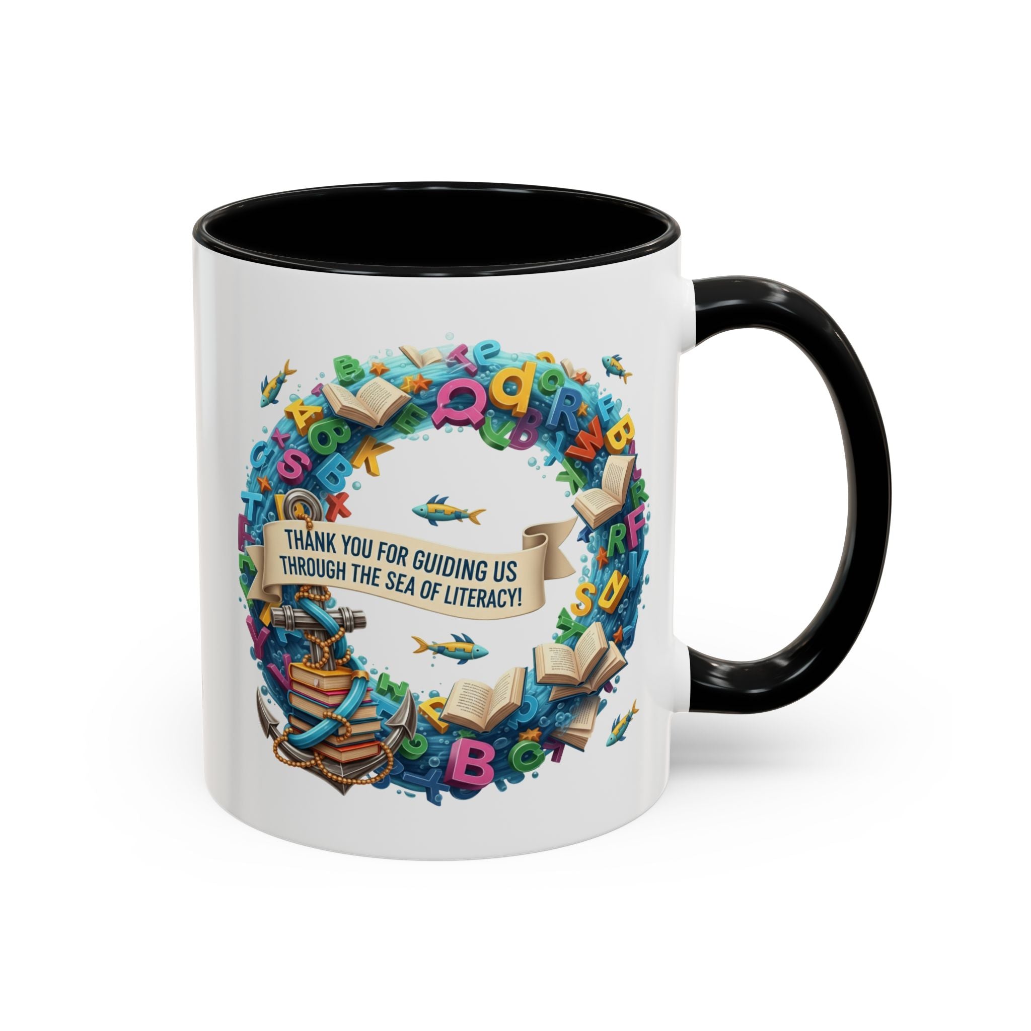 Sea of Literacy Colorful Book Lover's Accent Coffee Mug | Perfect for Home, Office, or Gift | Reading, Study, Library Decor, Teacher Appreciation