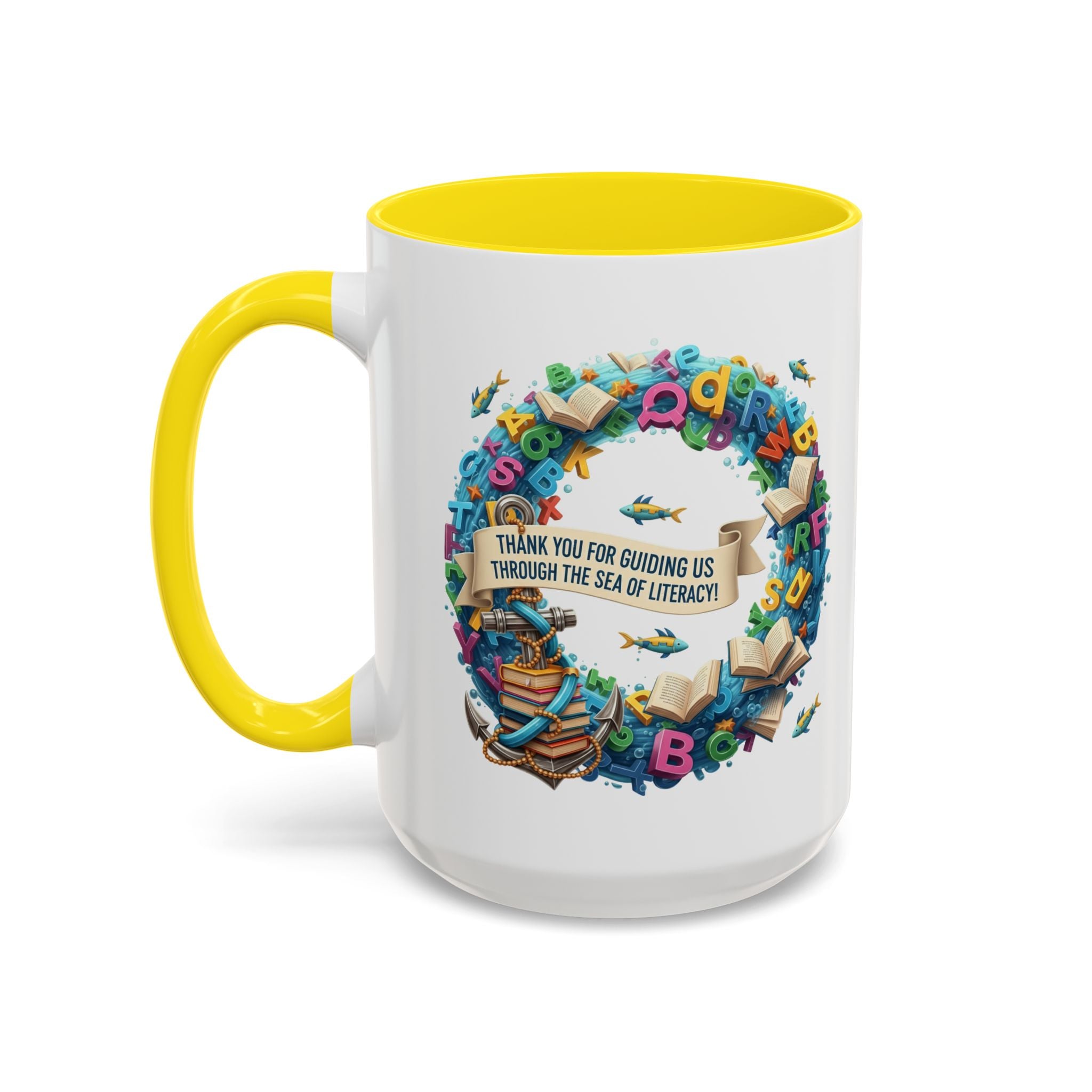 Sea of Literacy Colorful Book Lover's Accent Coffee Mug | Perfect for Home, Office, or Gift | Reading, Study, Library Decor, Teacher Appreciation