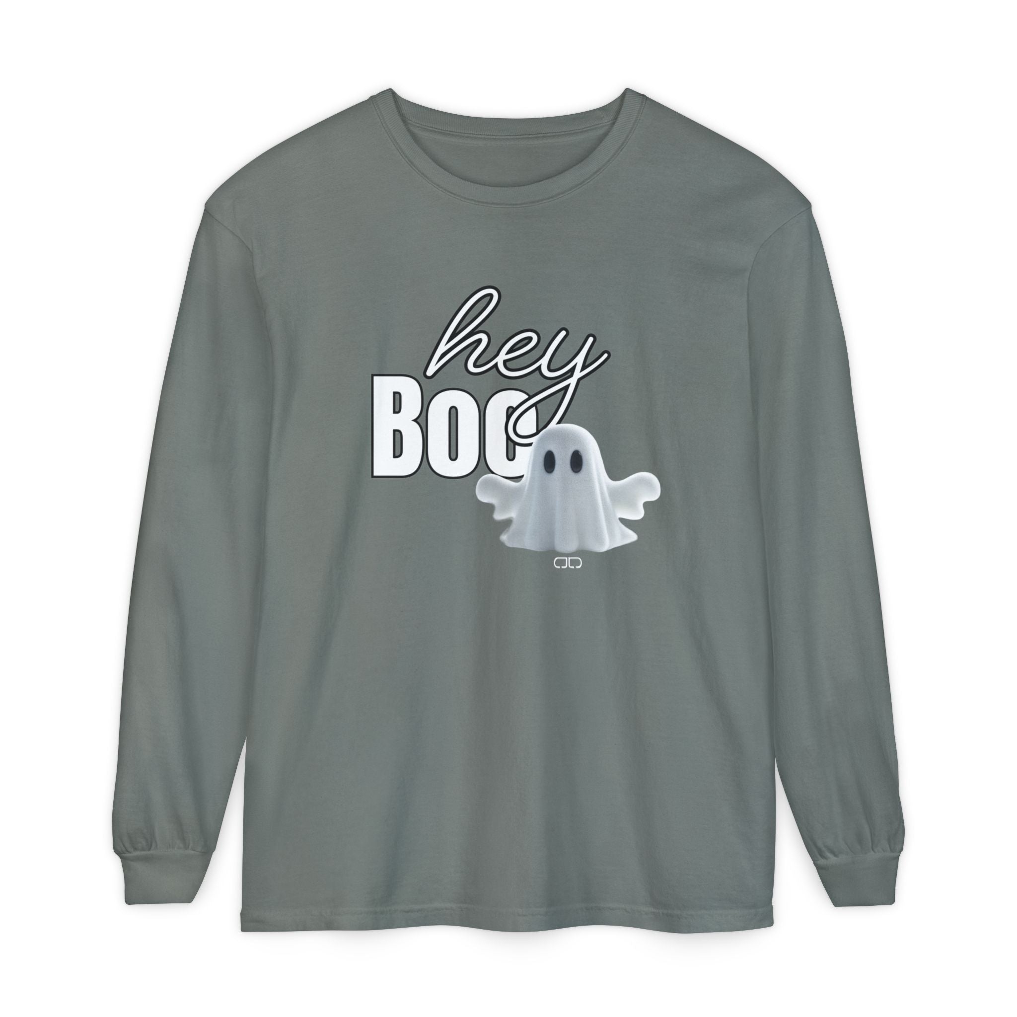 Hey Boo Halloween Ghost Long Sleeve T-Shirt - Perfect for Fall, Spooky Season, Cute Ghost Tee, Unisex Halloween Apparel, 'Hey Boo' Shirt