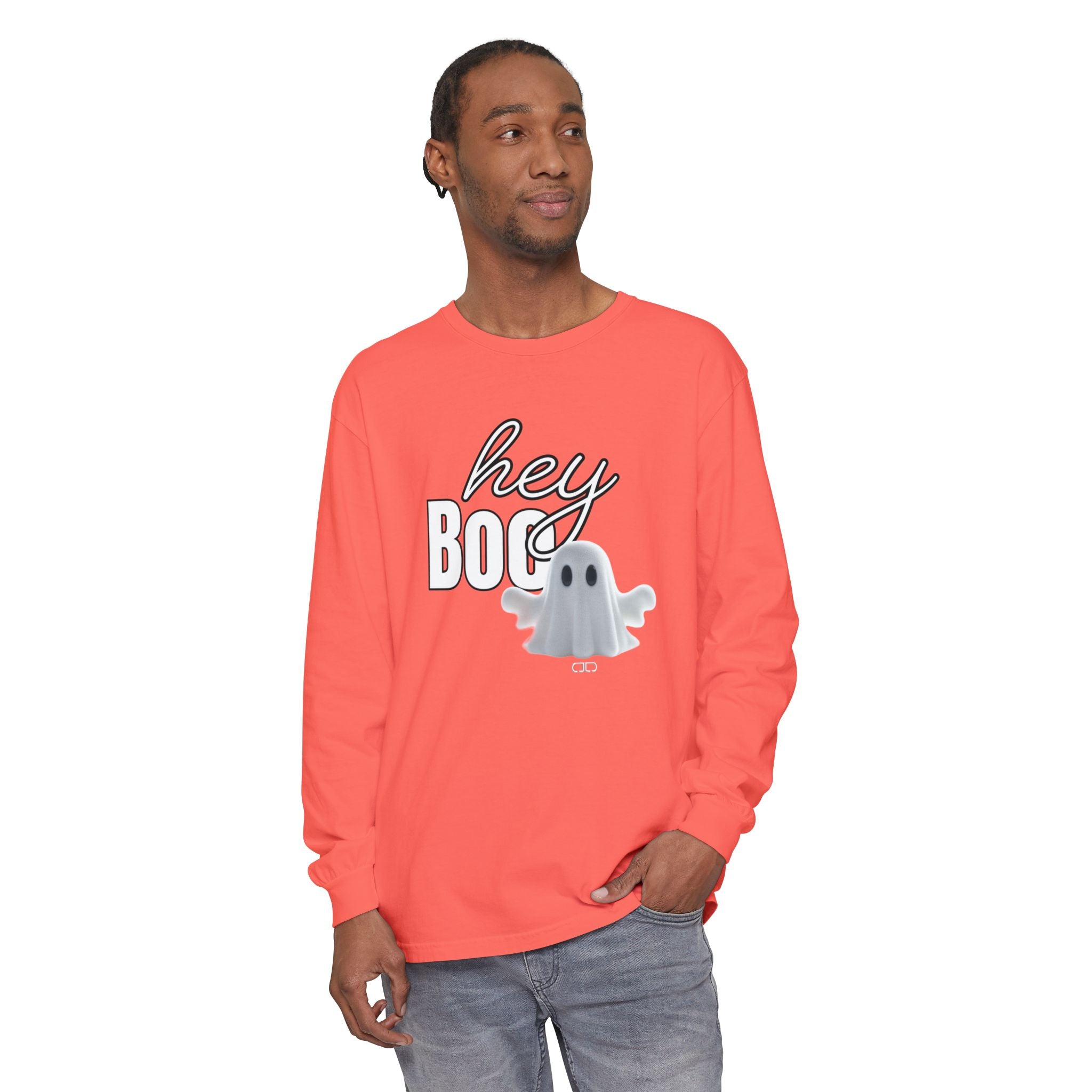 Hey Boo Halloween Ghost Long Sleeve T-Shirt - Perfect for Fall, Spooky Season, Cute Ghost Tee, Unisex Halloween Apparel, 'Hey Boo' Shirt