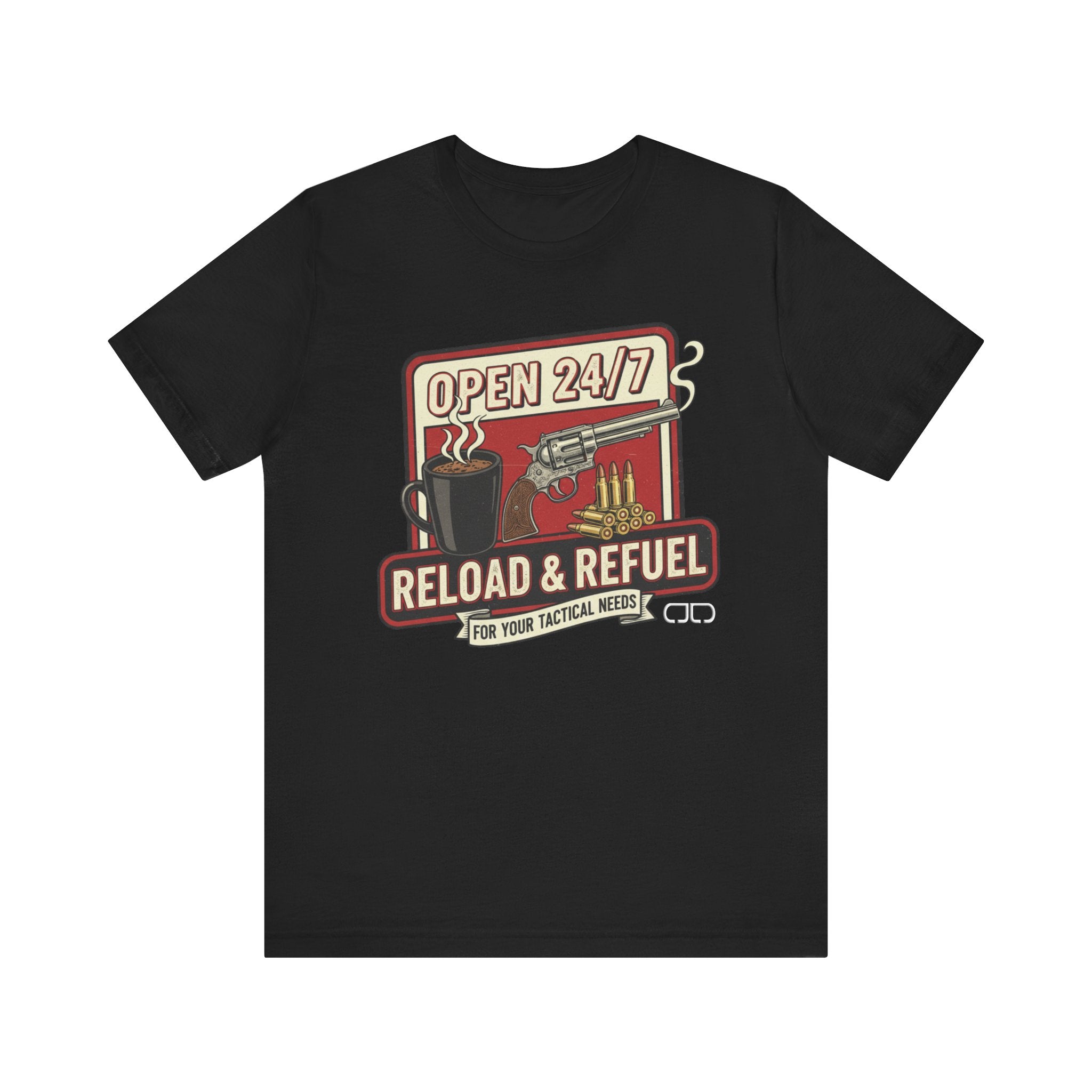 Reload & Refuel Tee — "Open 24/7" Coffee and Ammo Graphic T-Shirt