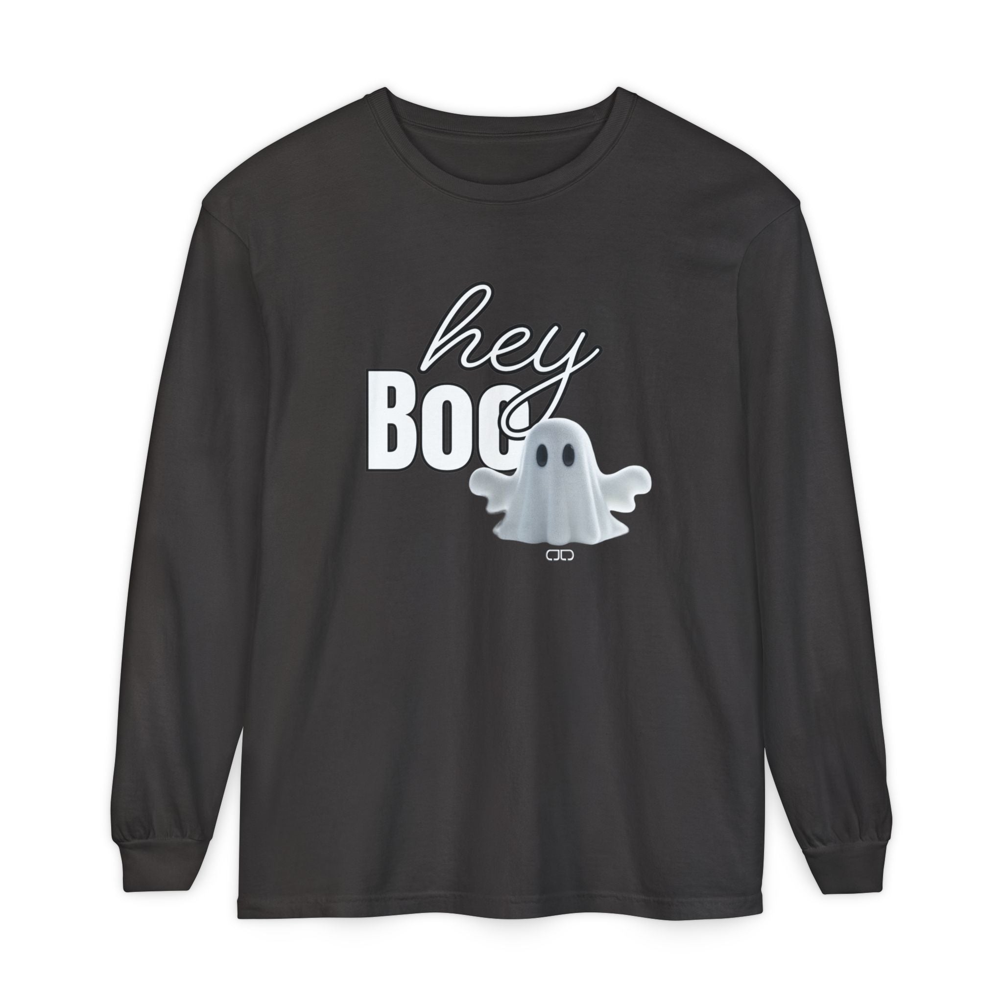 Hey Boo Halloween Ghost Long Sleeve T-Shirt - Perfect for Fall, Spooky Season, Cute Ghost Tee, Unisex Halloween Apparel, 'Hey Boo' Shirt