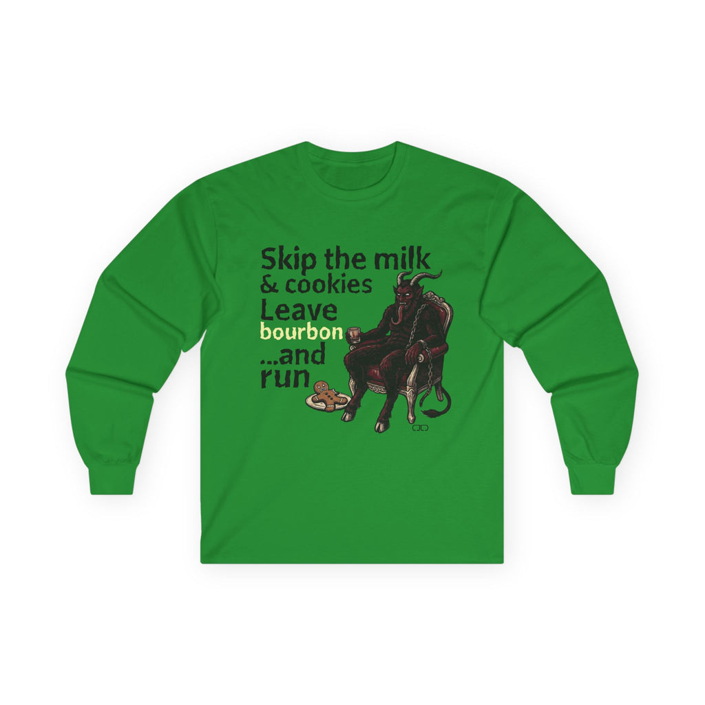 Holiday Krampus Long Sleeve Tee — 'Skip the milk and cookies. Leave bourbon and run.' Santa with Bourbon Holiday Shirt