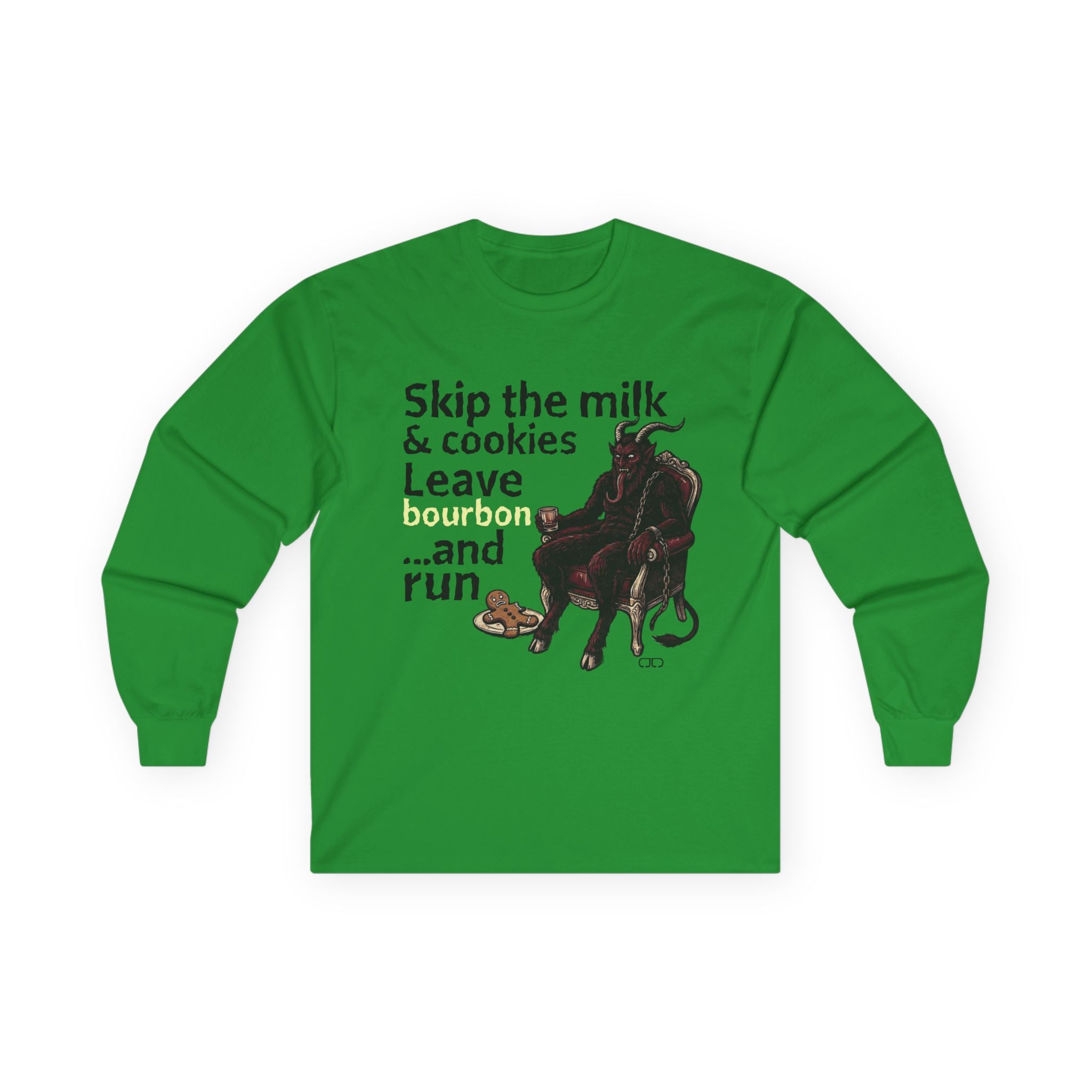 Holiday Krampus Long Sleeve Tee — 'Skip the milk and cookies. Leave bourbon and run.' Santa with Bourbon Holiday Shirt