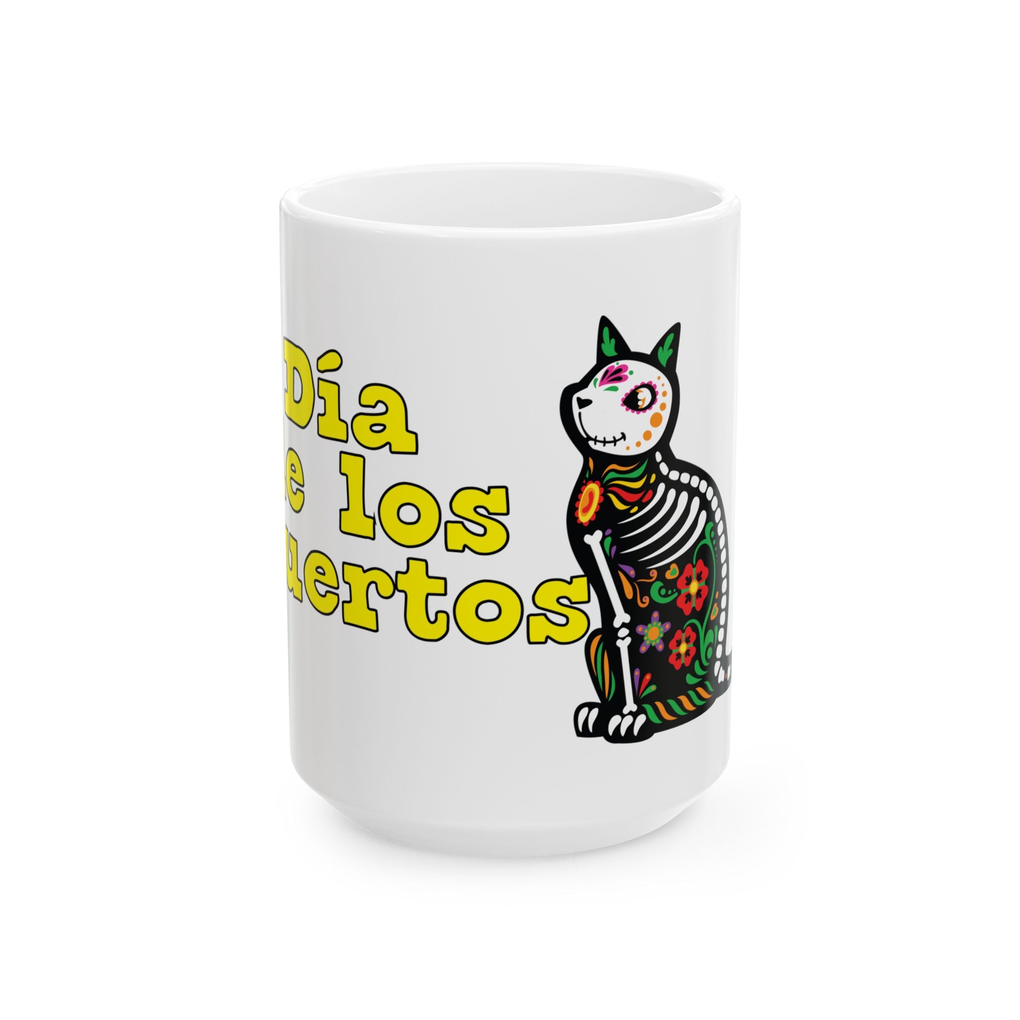 Dia de Los Muertos Ceramic Mug - Colorful Sugar Skull Cat, Halloween Gift, Dia de Muertos Celebration, Unique Coffee Mug, 11oz 15oz