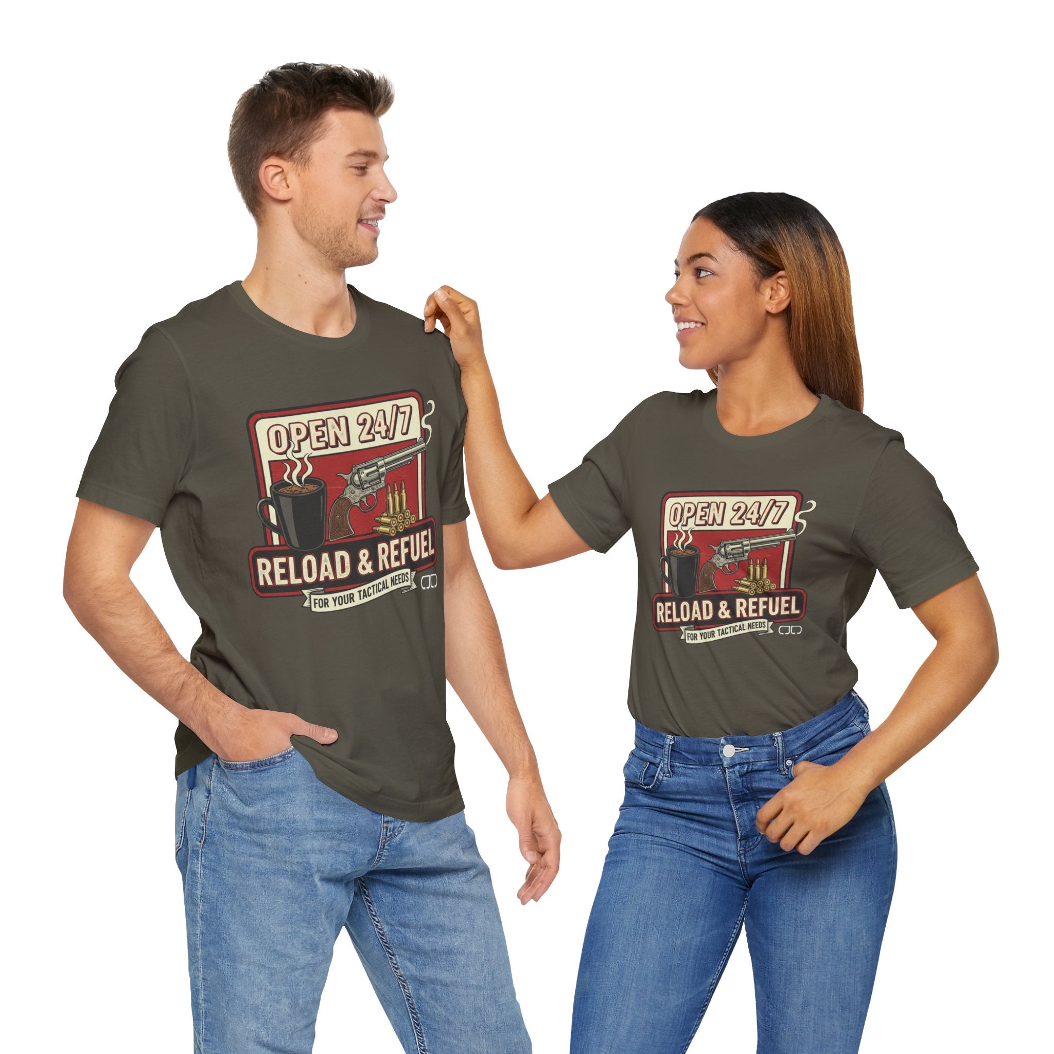 Reload & Refuel Tee — "Open 24/7" Coffee and Ammo Graphic T-Shirt