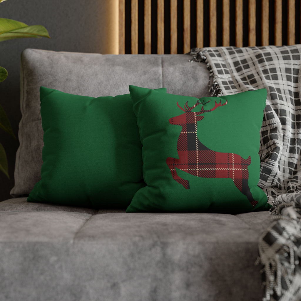 Plaid Reindeer Holiday Pillowcase — Green Christmas Throw Pillow Cover
