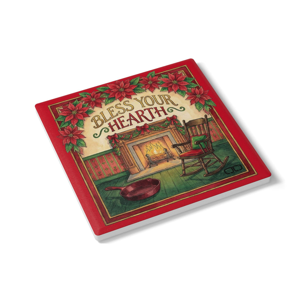 Bless Your Hearth Ceramic Coaster — Christmas Poinsettia Fireplace Holiday Drink Mat